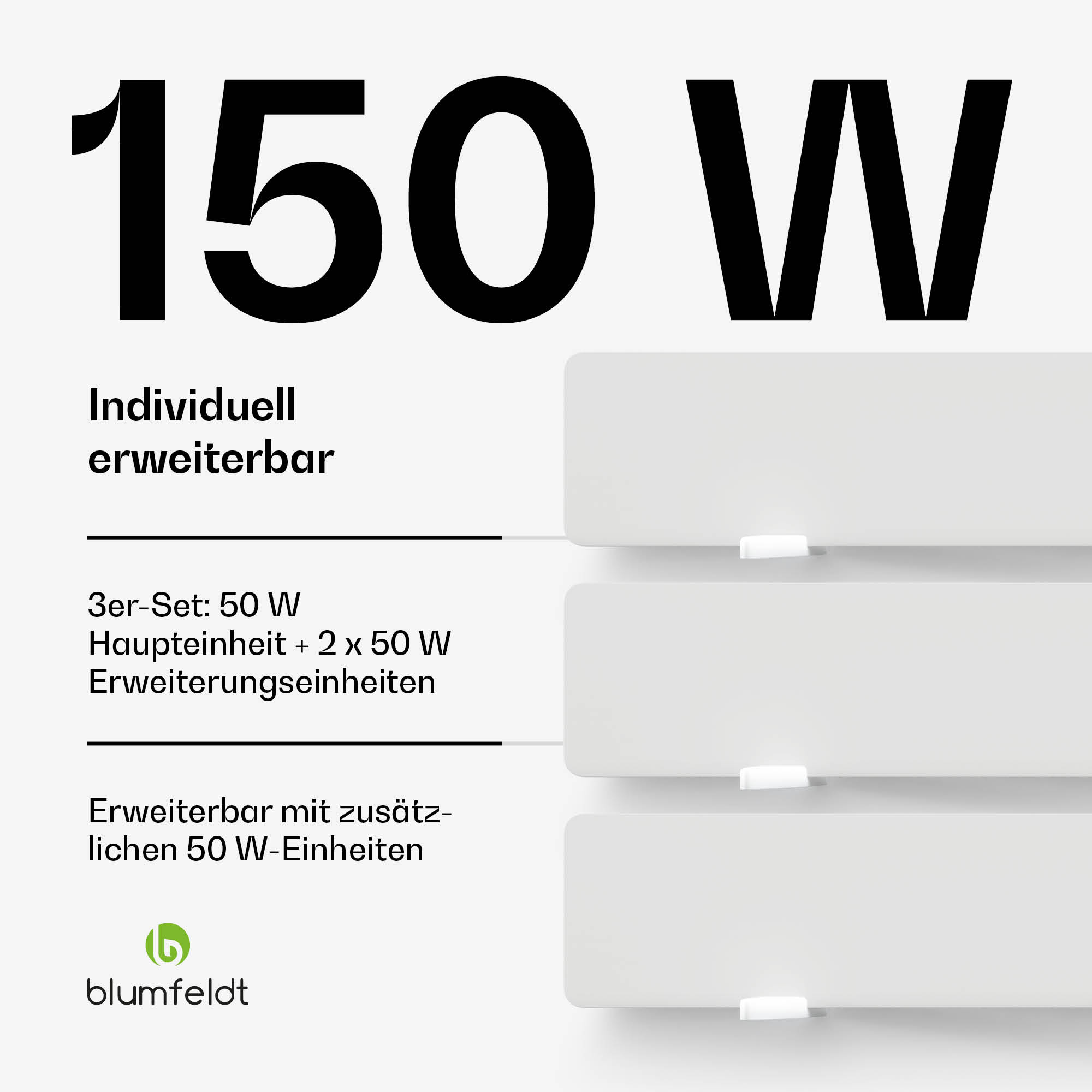 Das Bild zeigt eine Produktbeschreibung mit dem Text '150 W'. Es enthält Details zu den Produkteigenschaften.
