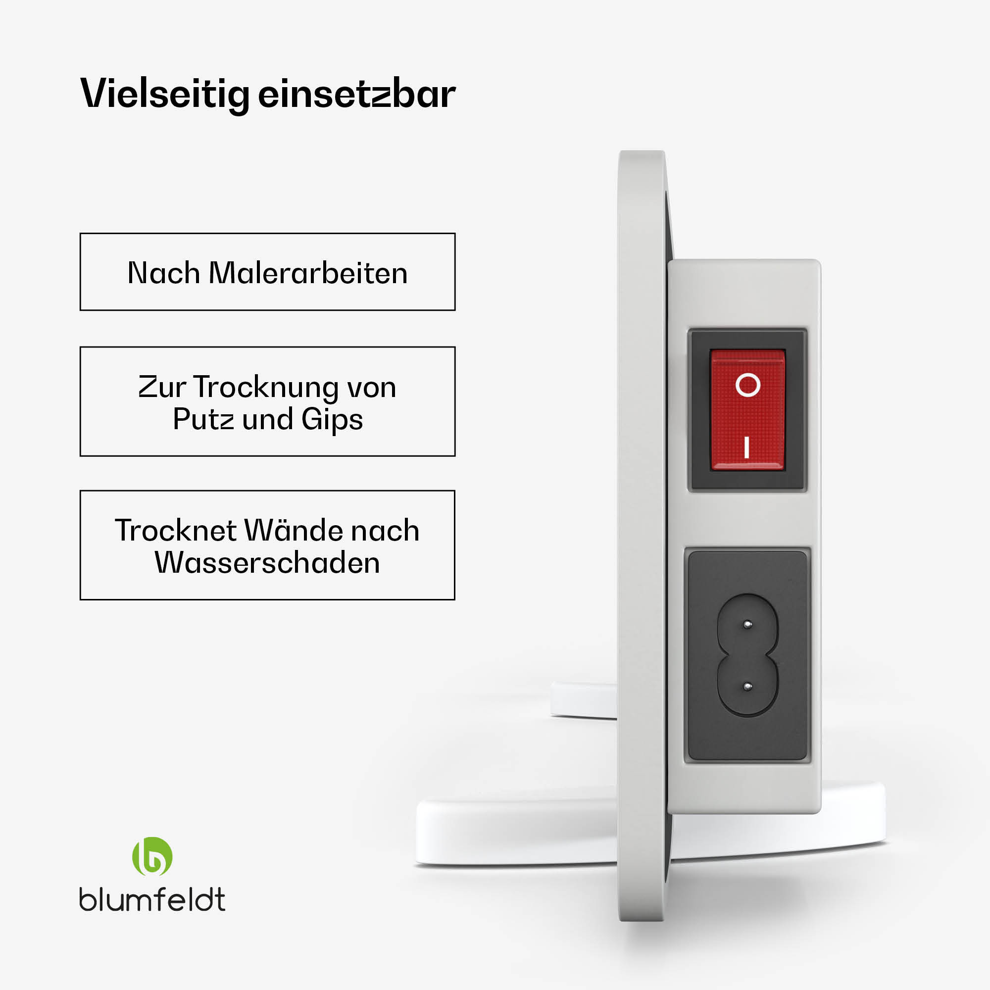 Ein weiß-graues Gerät mit rotem Schalter und Steckdose. Deutscher Text deutet auf verschiedene Anwendungen hin, einschließlich Wandtrocknung.