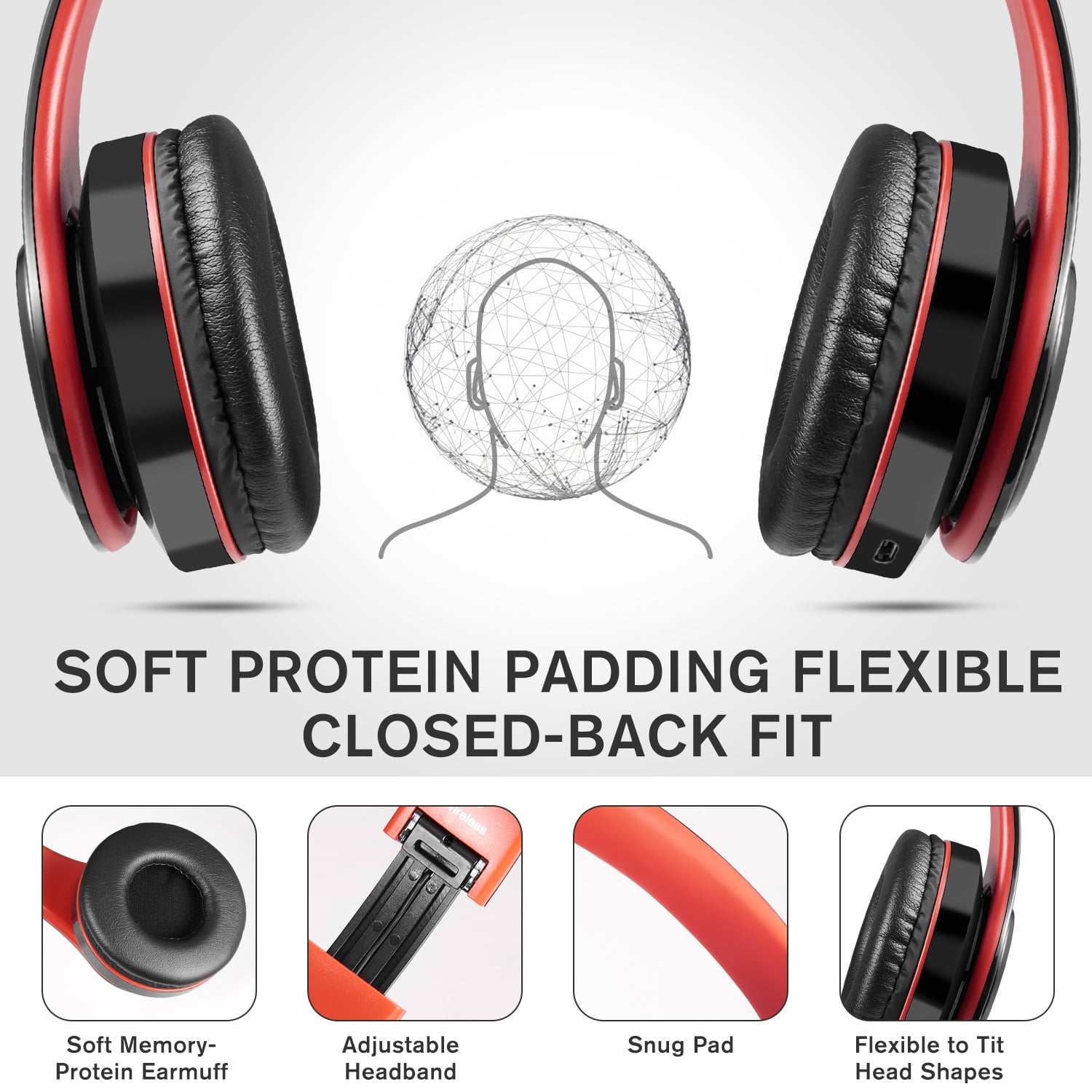 Rote und schwarze Kopfhörer mit weichen Ohrmuscheln und Kopfbügel. Text: Weiche Proteinpolsterung, flexibel, geschlossene Passform. Produktdetails werden gezeigt.