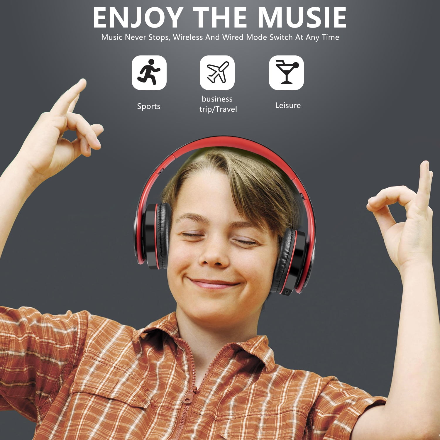 Ein Junge mit Kopfhörern lächelt und gestikuliert. Das Bild wirbt für Musik mit Icons für Sport, Reisen und Freizeit.