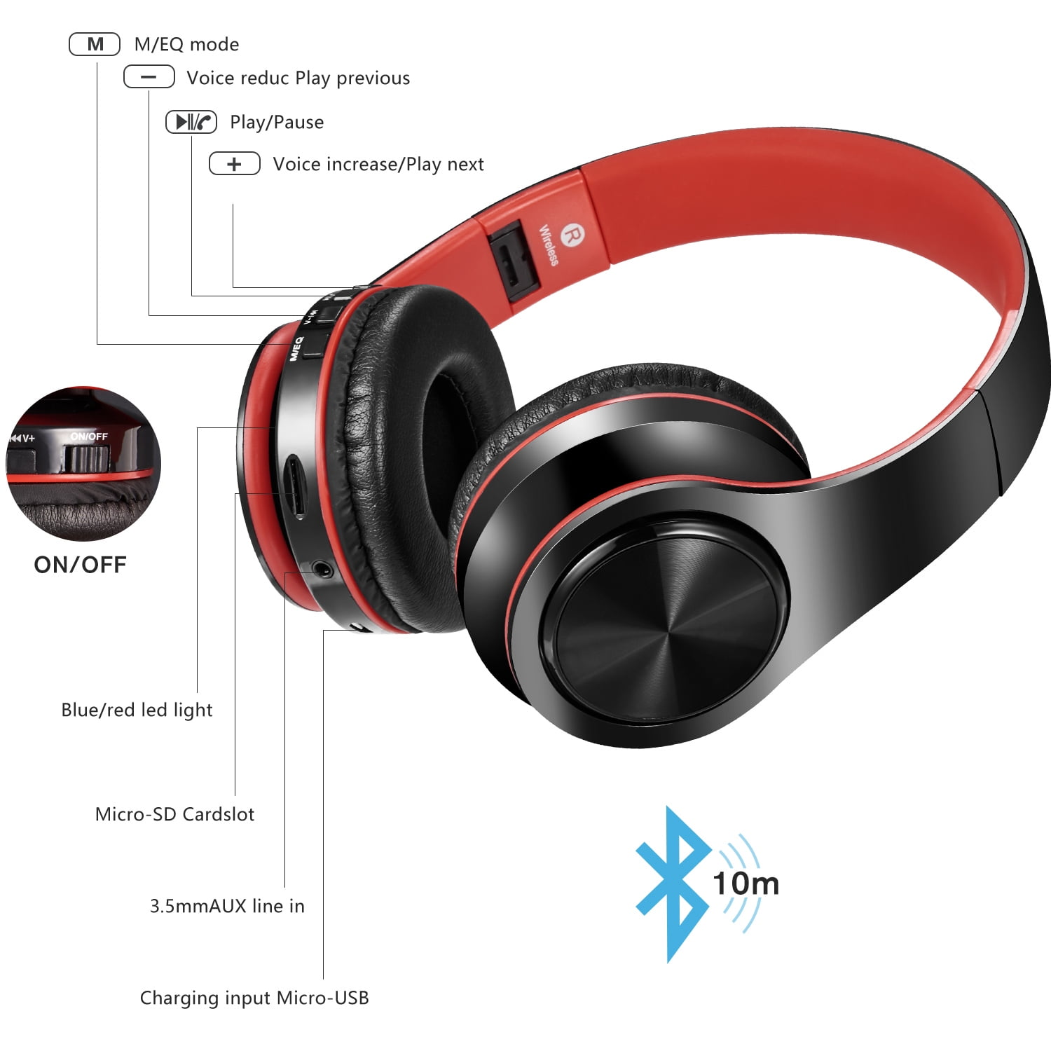 Schwarze und rote Kopfhörer mit Steuertasten, einschließlich Lautstärke, Wiedergabe/Pause und Ein/Aus. Bluetooth und 10 m Reichweite.