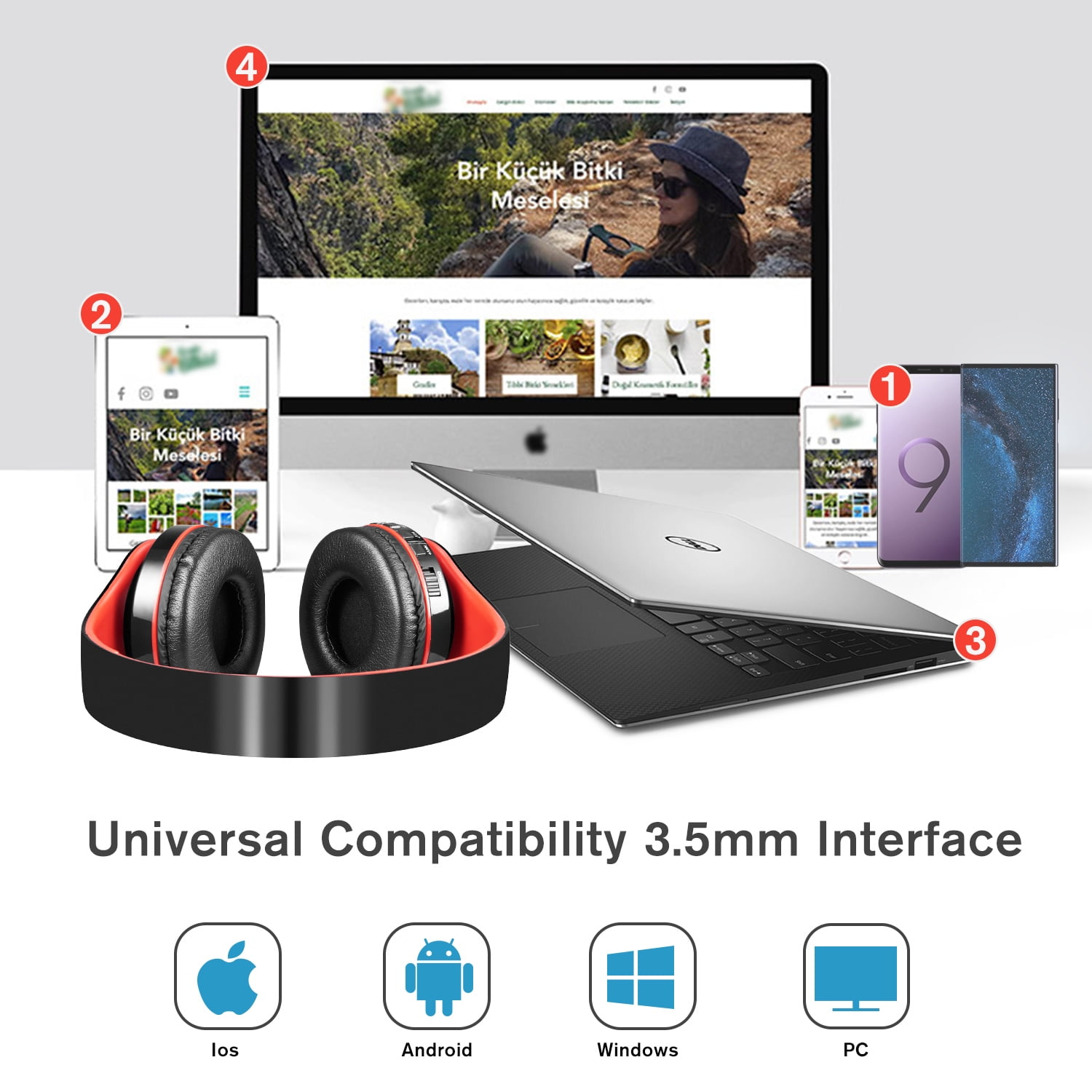 Das Bild zeigt einen Laptop, Tablets und Telefone. Kopfhörer liegen davor. Kompatibilitäts-Icons für iOS, Android, Windows und PC sind unten.