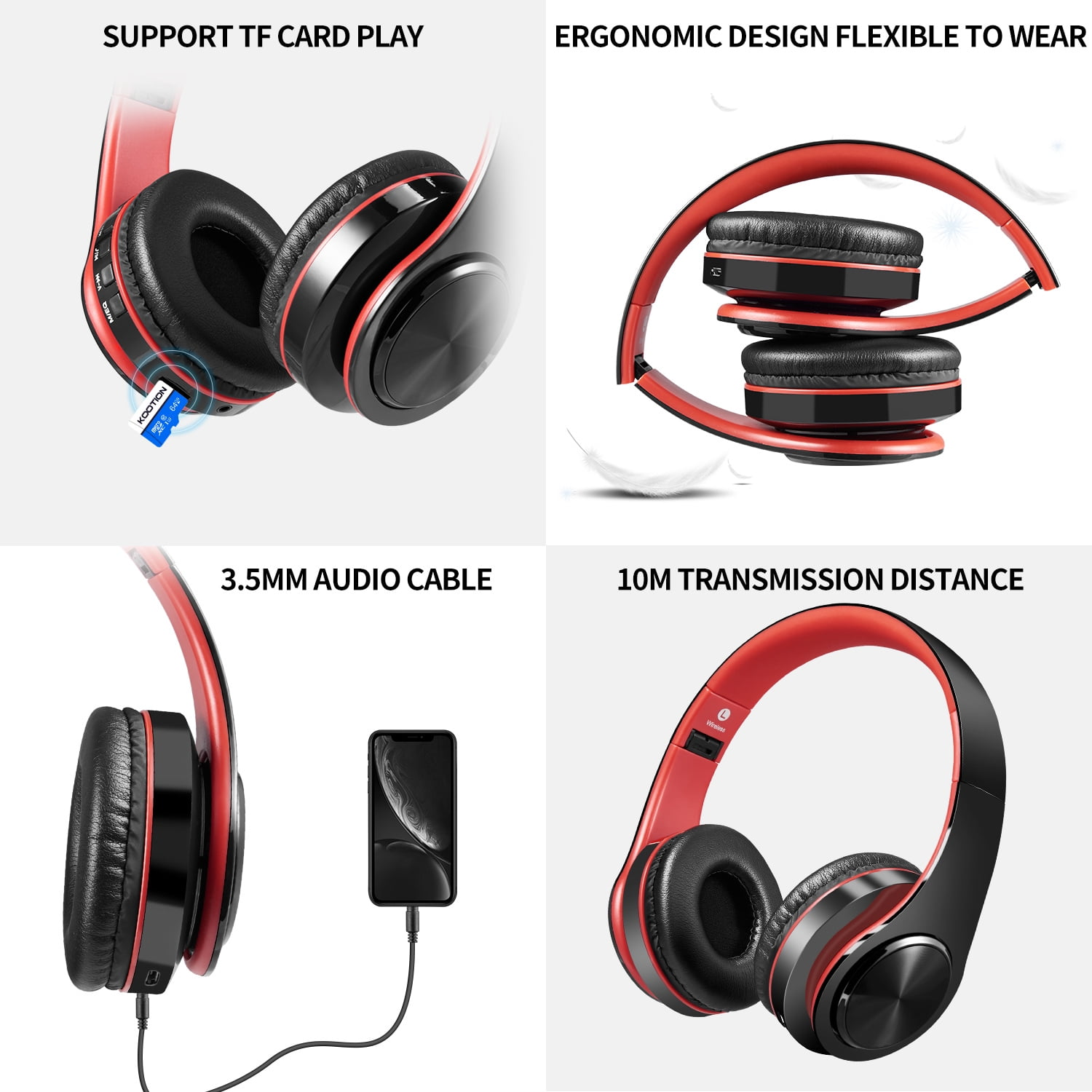 Kopfhörer mit rotem und schwarzem Design. Merkmale sind TF-Kartenunterstützung, ergonomisches Design, 3,5-mm-Audiokabel und 10 m Reichweite.