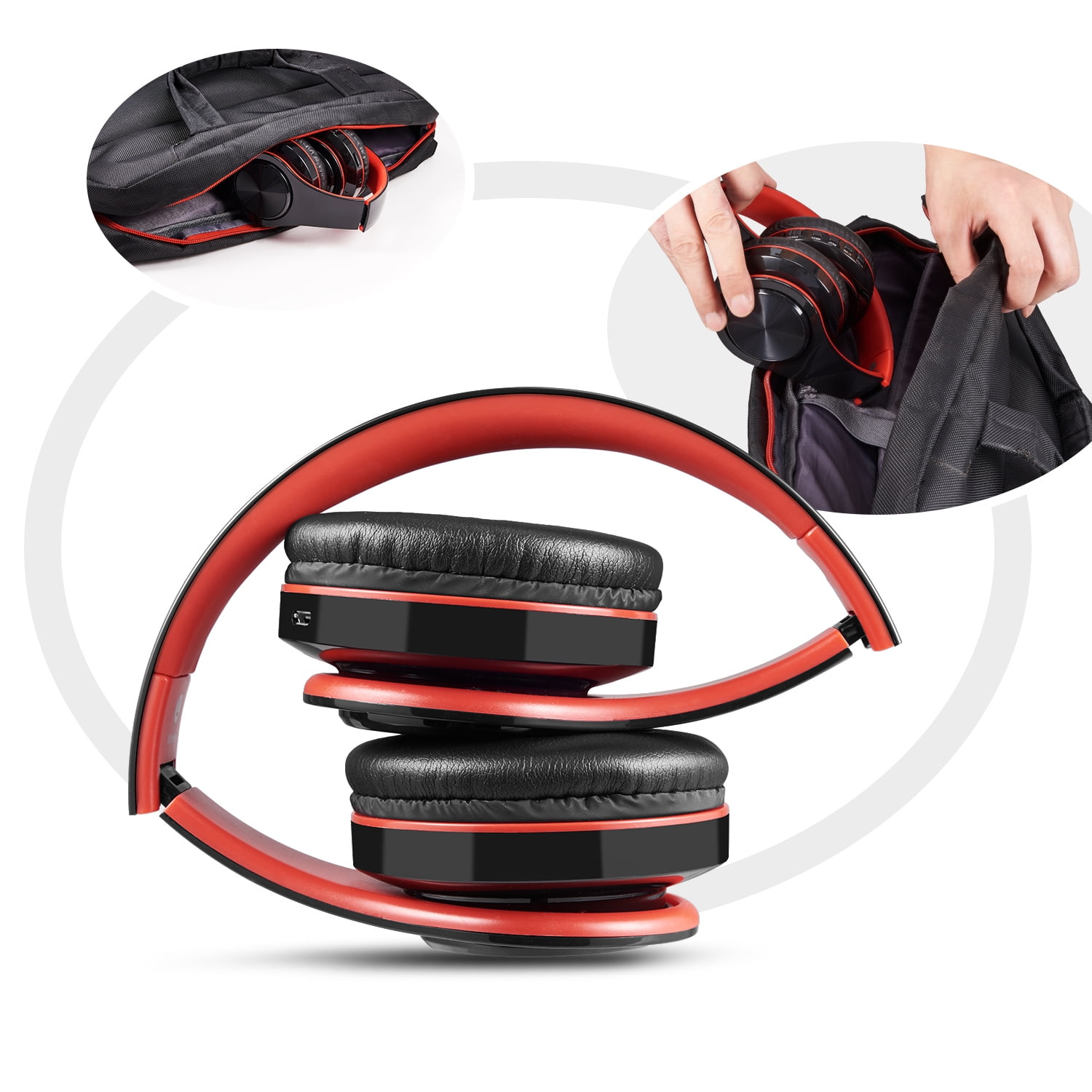 Gefaltete rot-schwarze Kopfhörer. Insets zeigen Kopfhörer in einer Tasche und beim Einlegen.