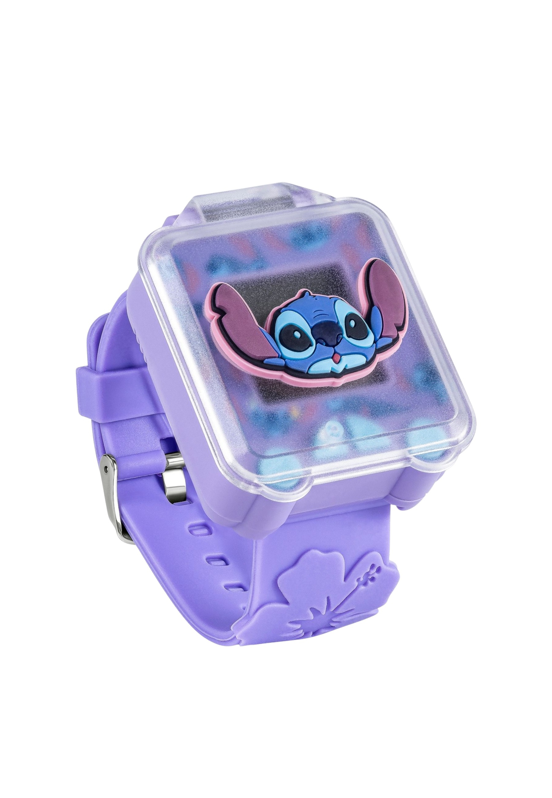 Lila Stitch-Uhr. Auf dem Zifferblatt ist ein blauer Stitch. Armband und Gehäuse sind lila.