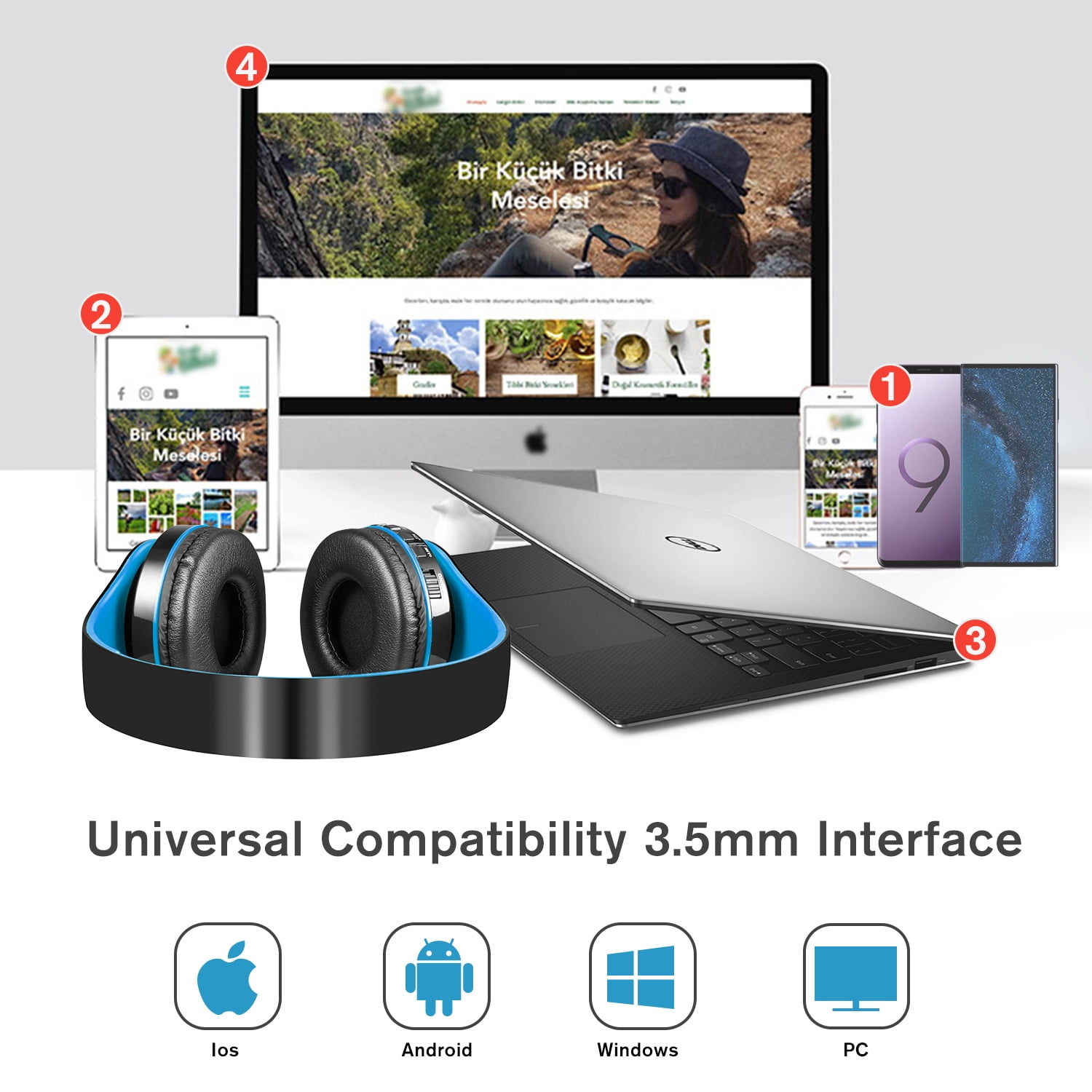 Ein Laptop, Kopfhörer, Telefon und Tablet mit einer Website auf dem Bildschirm. Universelle Kompatibilität für iOS, Android, Windows und PC wird beworben.