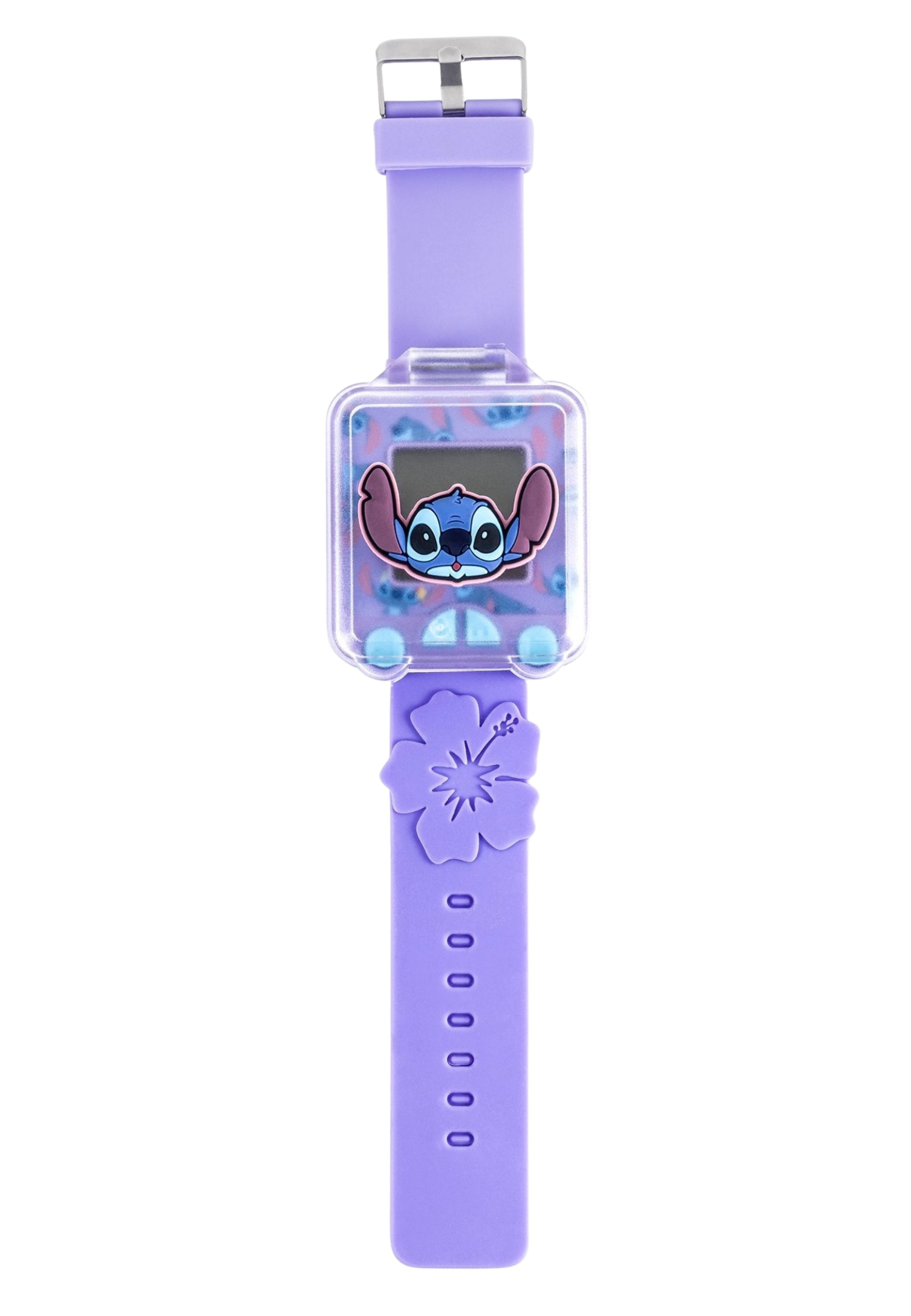 Lila Stitch-Uhr. Sie hat ein quadratisches Zifferblatt mit Stitchs Gesicht. Das Armband ist lila mit einem Blumendetail.