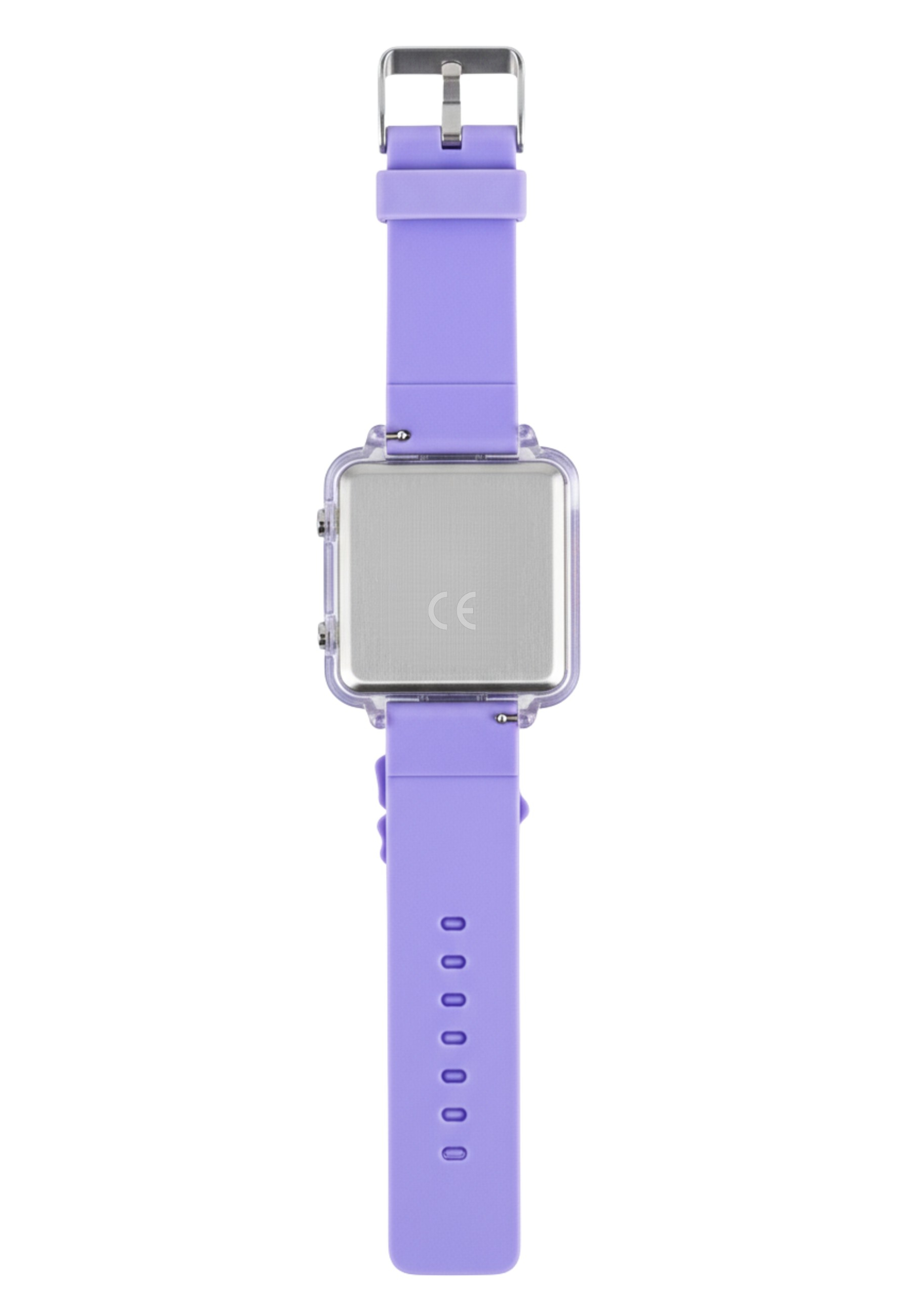 Eine lila Uhr liegt auf einer weißen Oberfläche. Die Rückseite der Uhr ist sichtbar, mit einem CE-Zeichen.