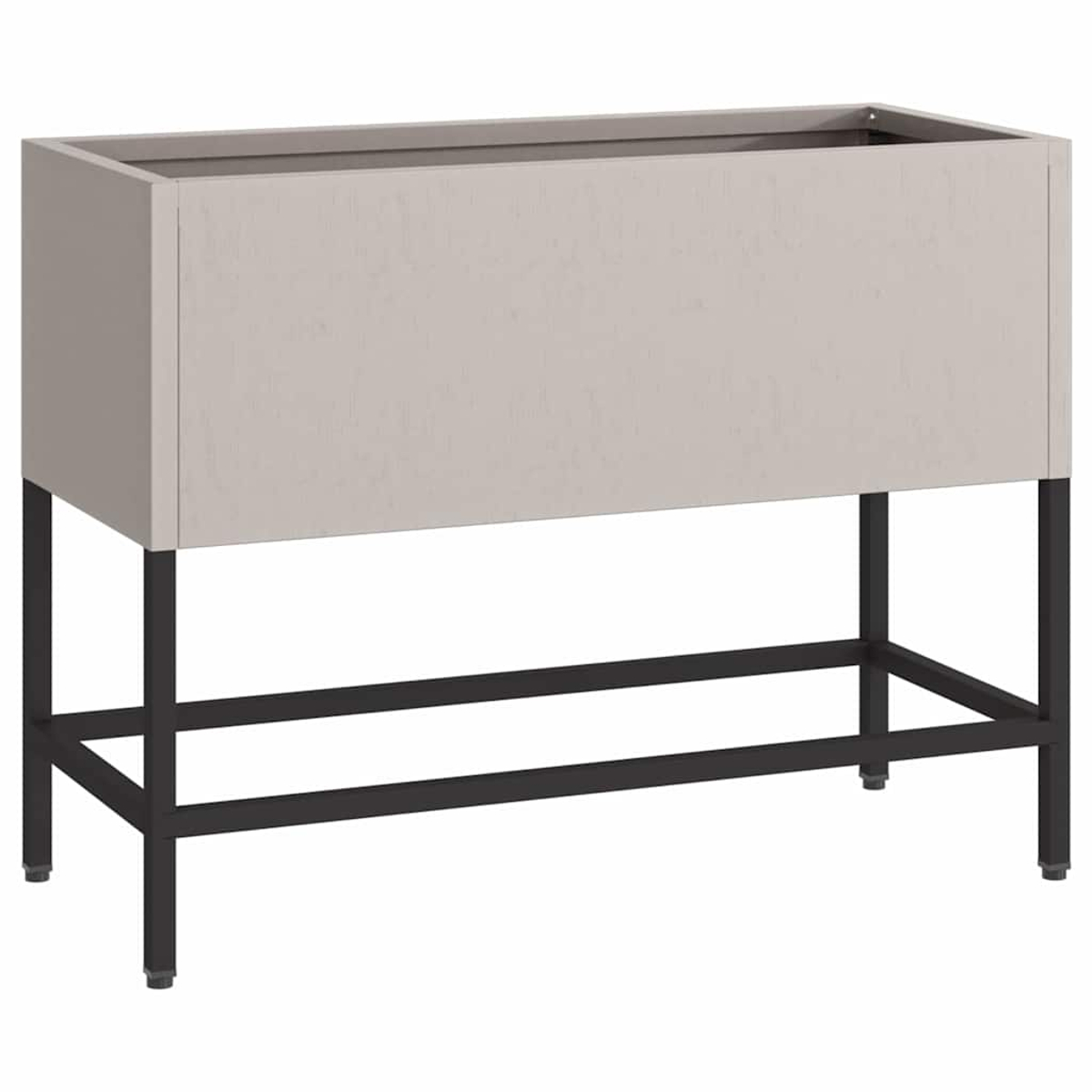 Ein rechteckiger, beigefarbener Pflanzkasten auf schwarzen Metallbeinen. Die Box hat ein schlichtes Design. Die Beine bieten Halt, mit einer unteren Stützstange.