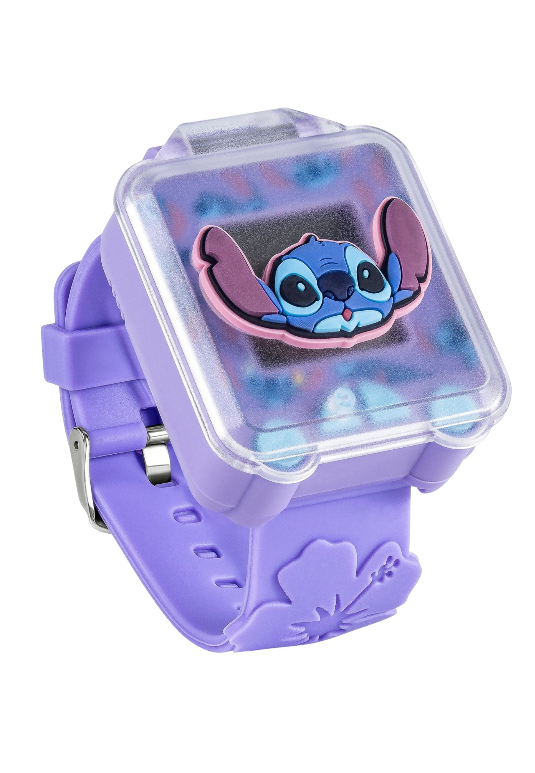 Eine lila Stitch-Smartwatch. Die Uhr hat eine Stitch-Figur auf dem Bildschirm. Das Armband hat eine Schnalle und eine Blumenform.
