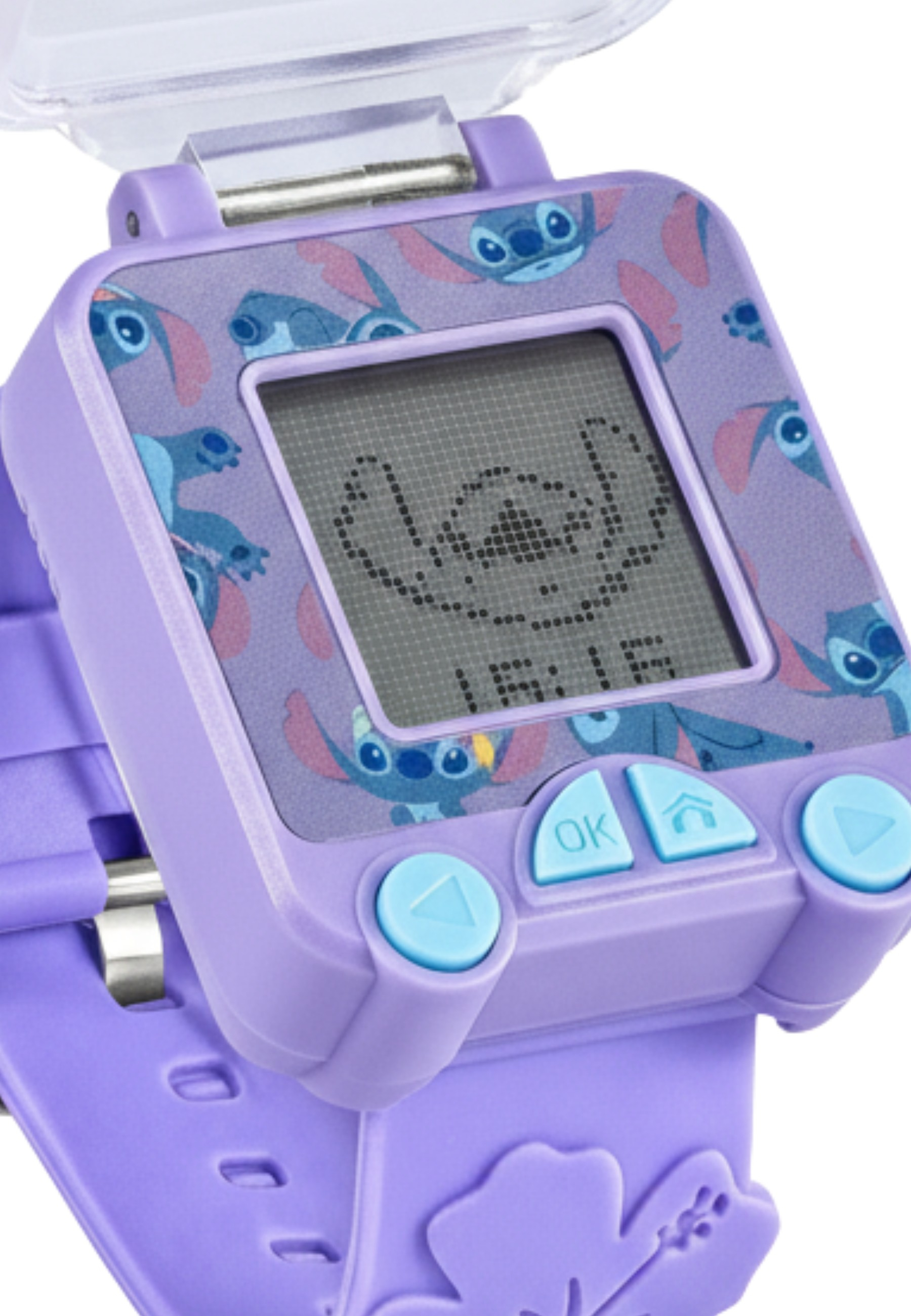 Eine lila Stitch-Uhr zeigt Stitch, hat Knöpfe und ein digitales Display.