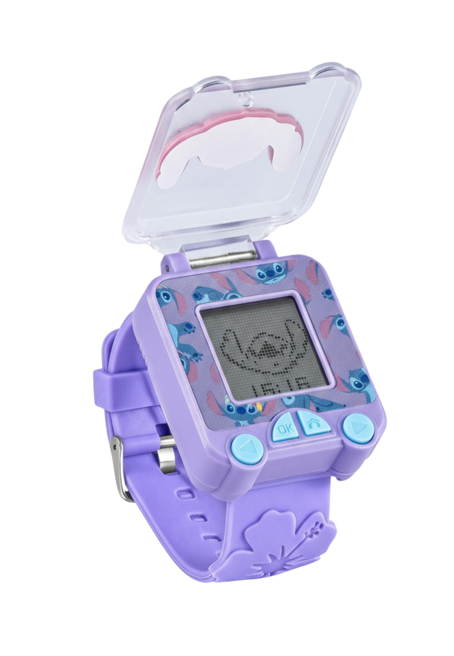 Eine lila Stitch-Uhr mit klarer Abdeckung. Die Uhr zeigt die Zeit an. Das Armband hat ein Blumendesign.