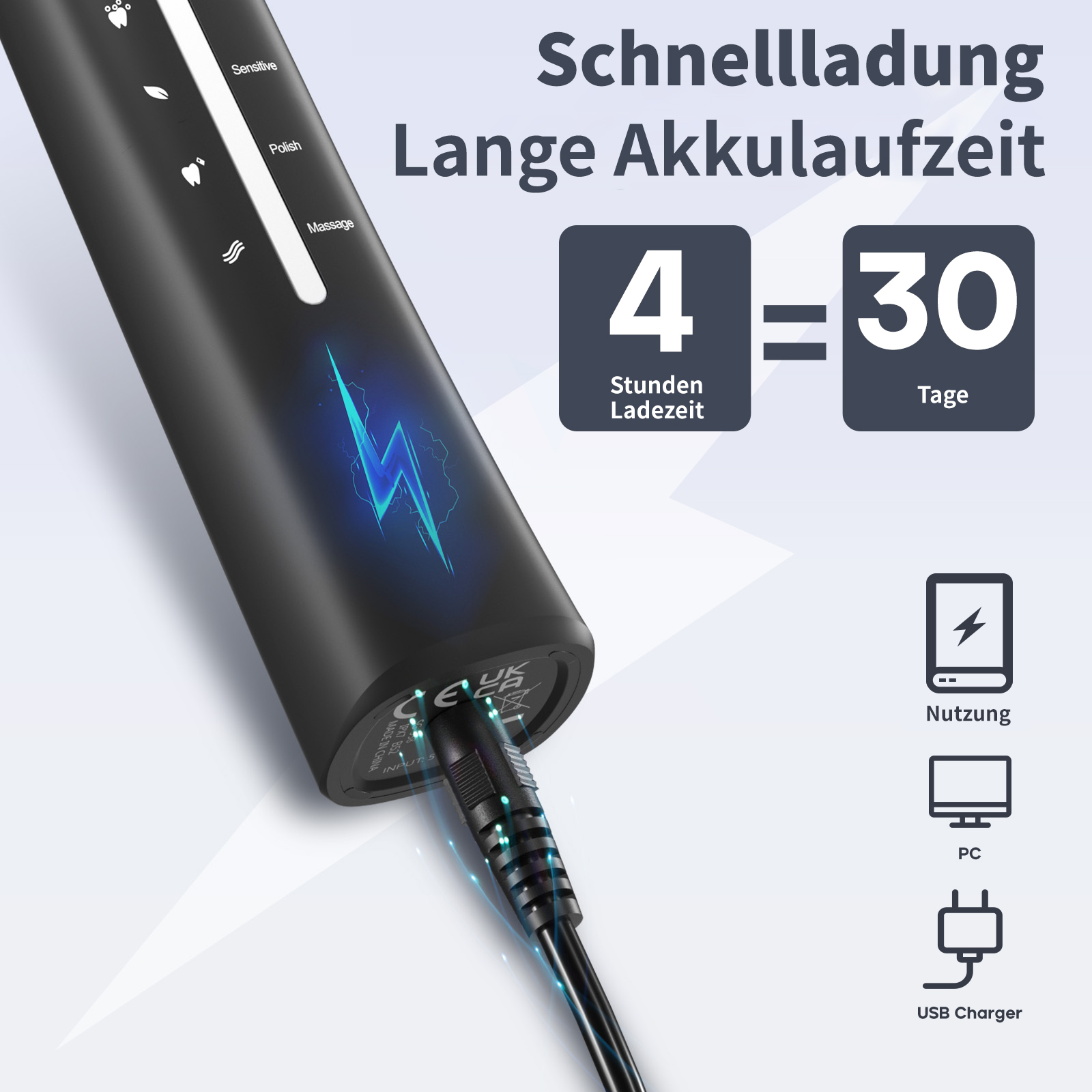 Schwarze elektrische Zahnbürste mit Ladekabel. Text zeigt 4 Stunden Aufladen für 30 Tage Nutzung. Icons zeigen Laden, PC und USB.