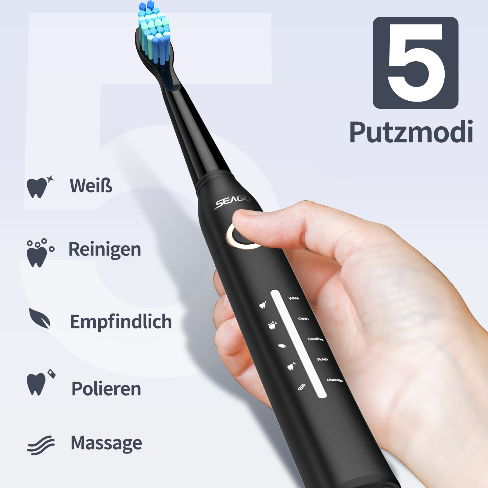 Eine schwarze elektrische Zahnbürste mit blau-grünen Borsten wird von einer Hand gehalten. Sie hat 5 Modi und beschriftete Funktionen.
