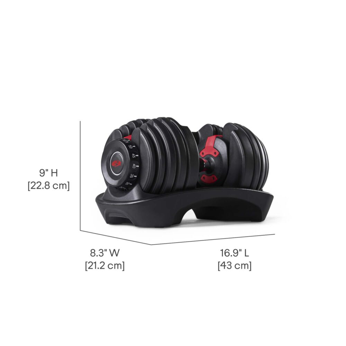 Black and red adjustable dumbbell set with dimensions displayed. The dumbbell is on a black base, white background.