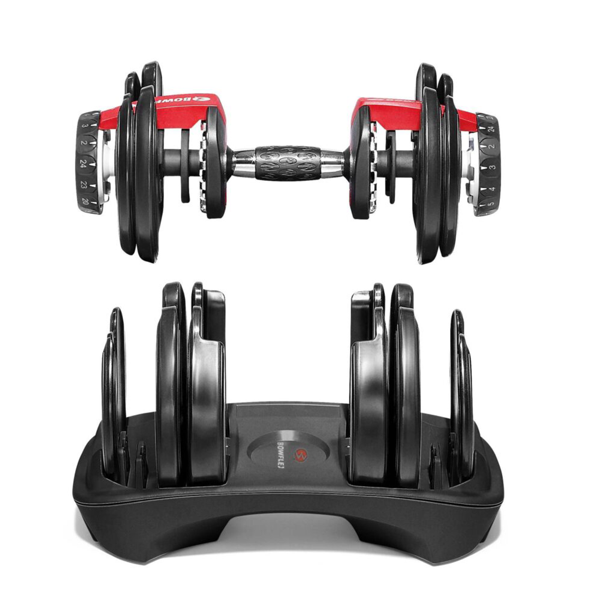 Adjustable dumbbell set with black weights and red accents. It's on a black stand. Numbers are on the weights for adjustment.