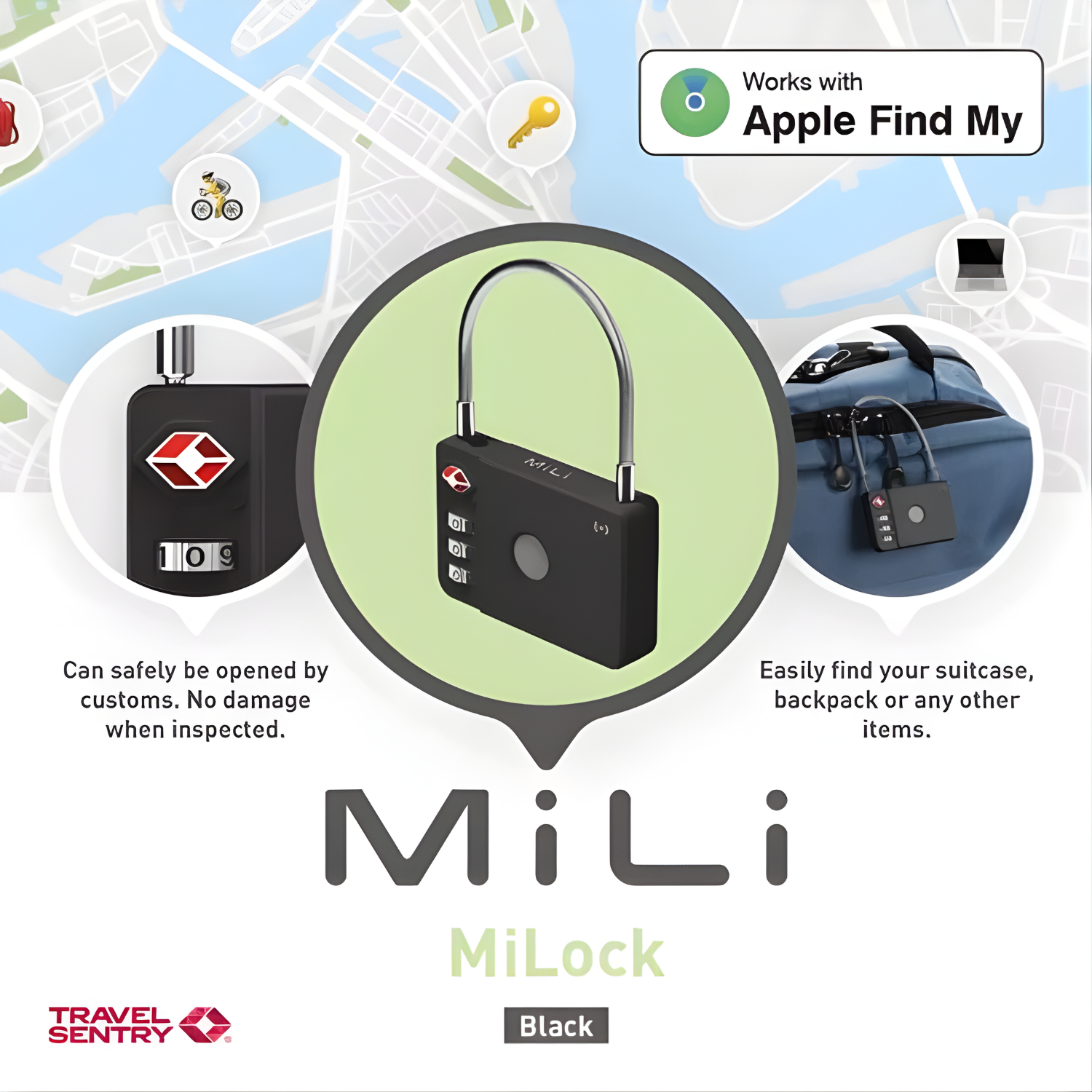 Black MiLi MiLock. Shows a black padlock, a suitcase, and a map. It works with Apple Find My. Travel Sentry approved.