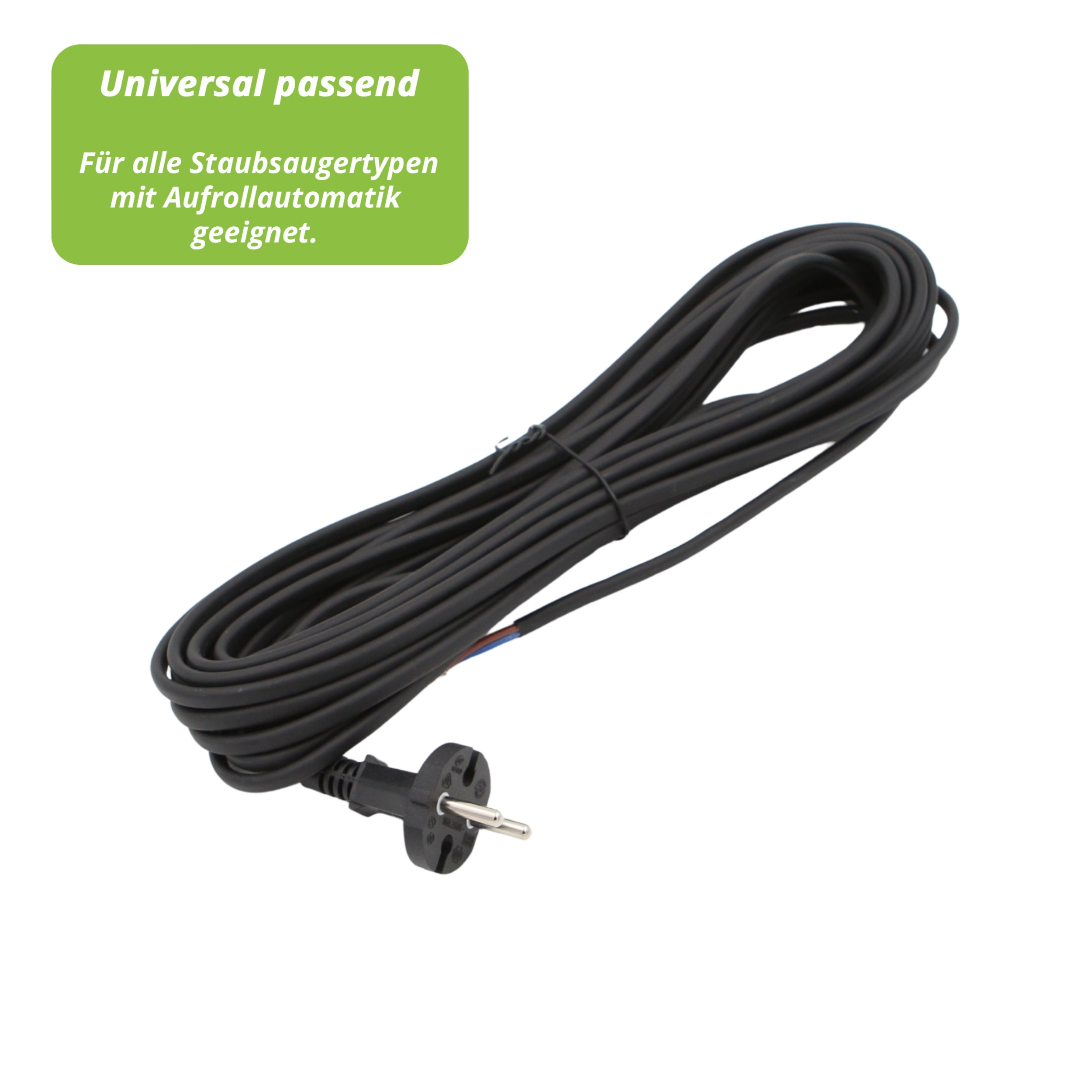 Schwarzes Netzkabel mit Stecker. Text oben: 'Universal passend'. Geeignet für Staubsauger mit Aufrollautomatik.
