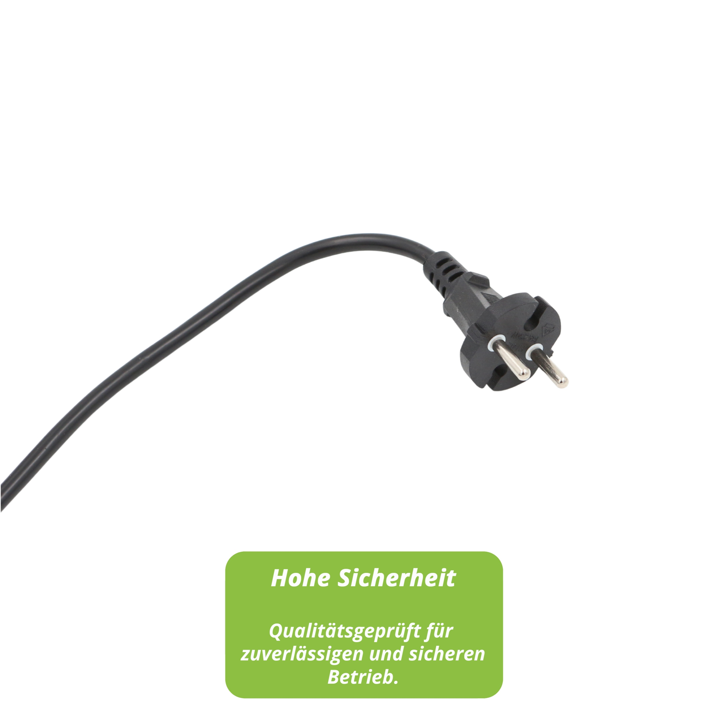 Schwarzes Netzkabel mit Stecker, auf weißem Hintergrund. Ein grünes Etikett zeigt 'Hohe Sicherheit'.