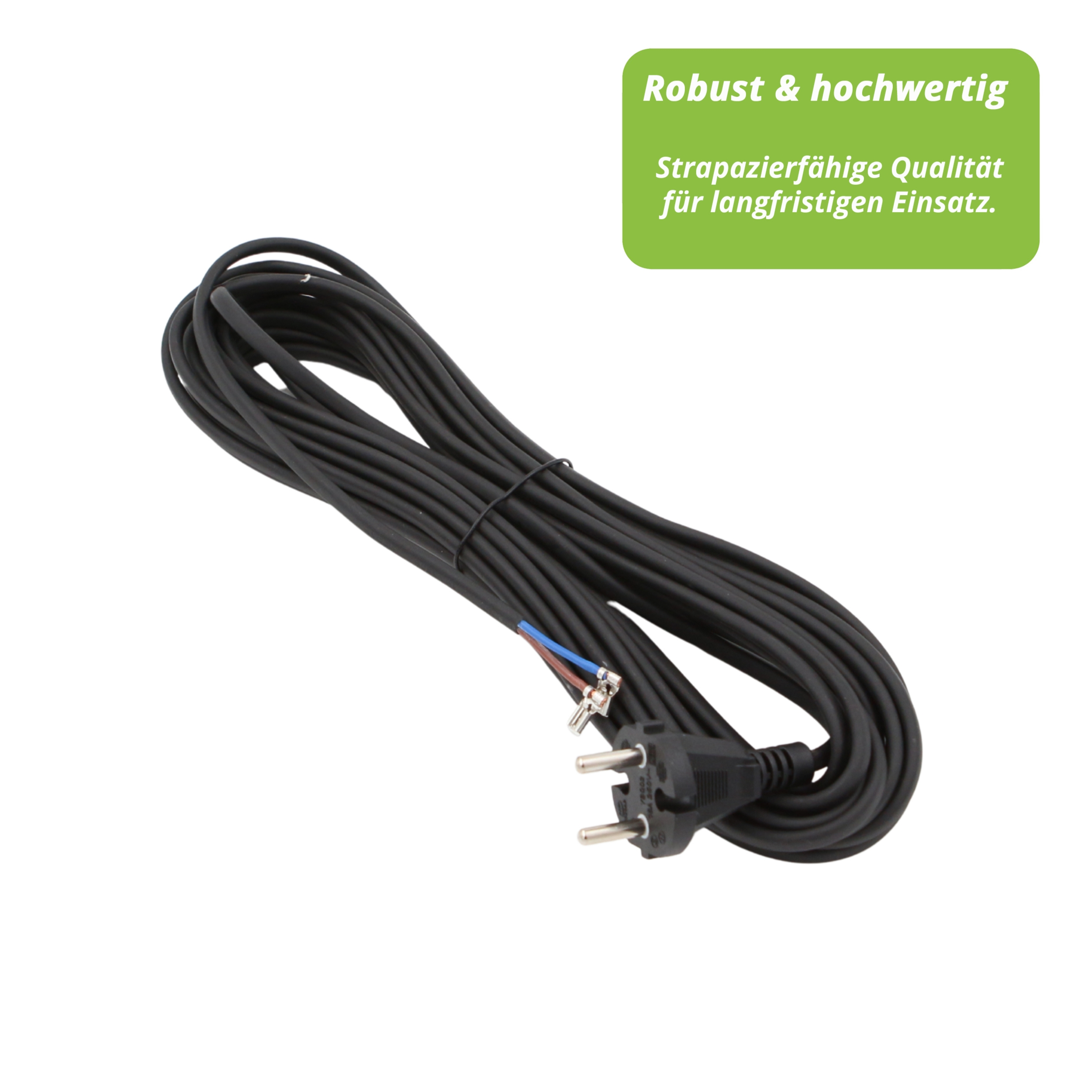 Schwarzes Netzkabel mit Stecker und freiliegenden Drähten. Grünes Rechteck mit deutschem Text im Hintergrund.