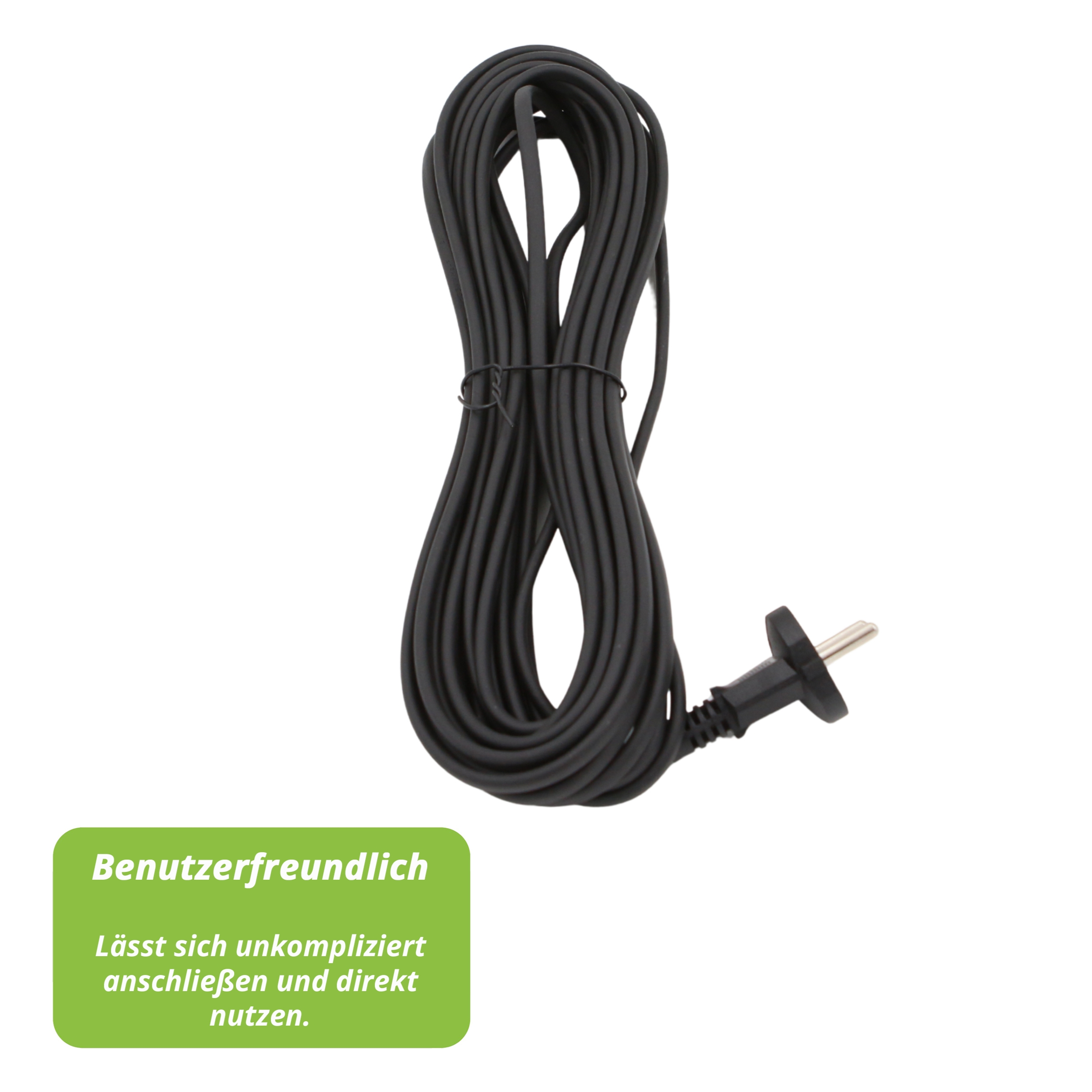 Ein schwarzes Netzkabel mit Stecker, ordentlich aufgerollt. Eine grüne Box mit weißem Text befindet sich unten links.