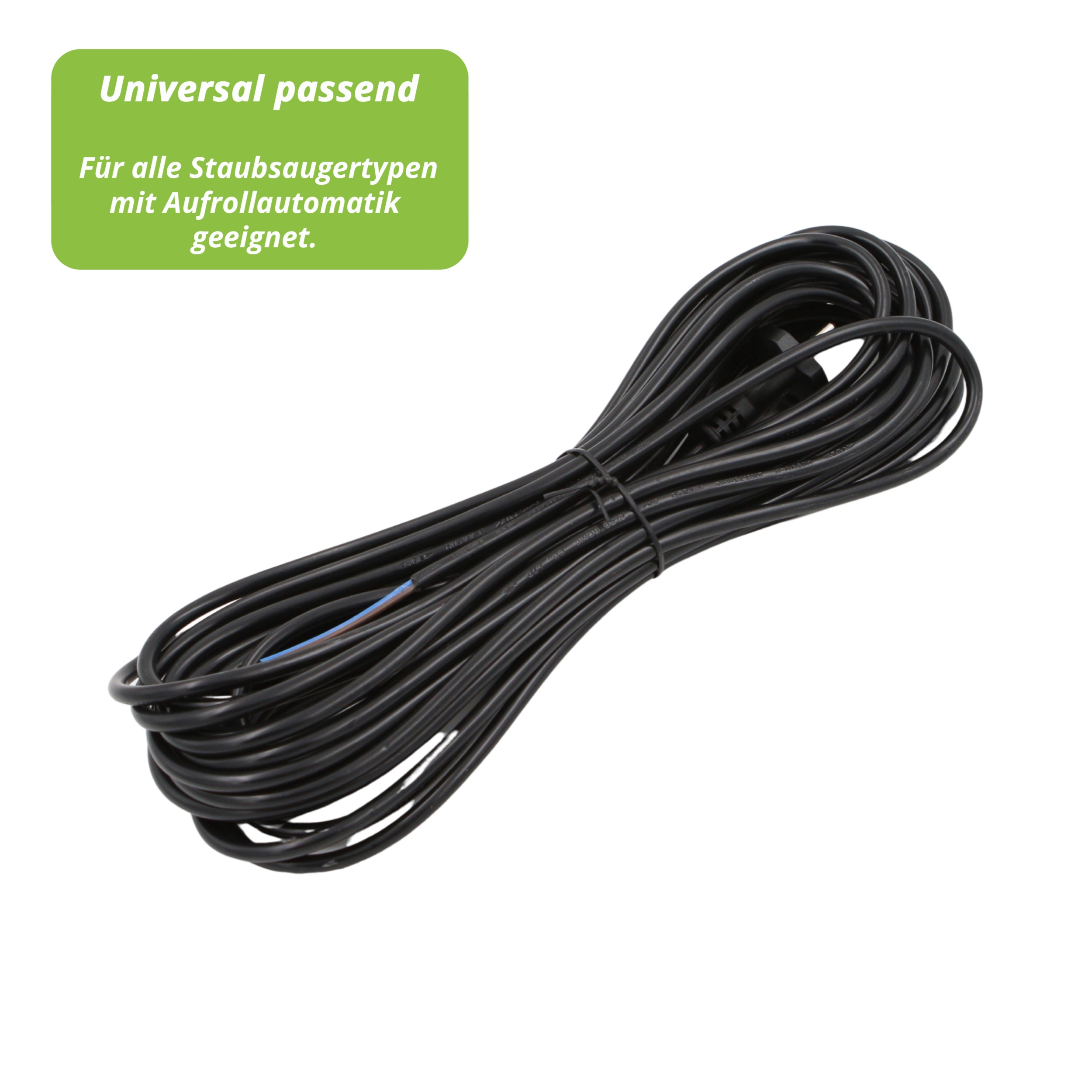 Ein aufgerolltes schwarzes Netzkabel mit Stecker vor weißem Hintergrund. Oben links ein grünes Etikett.