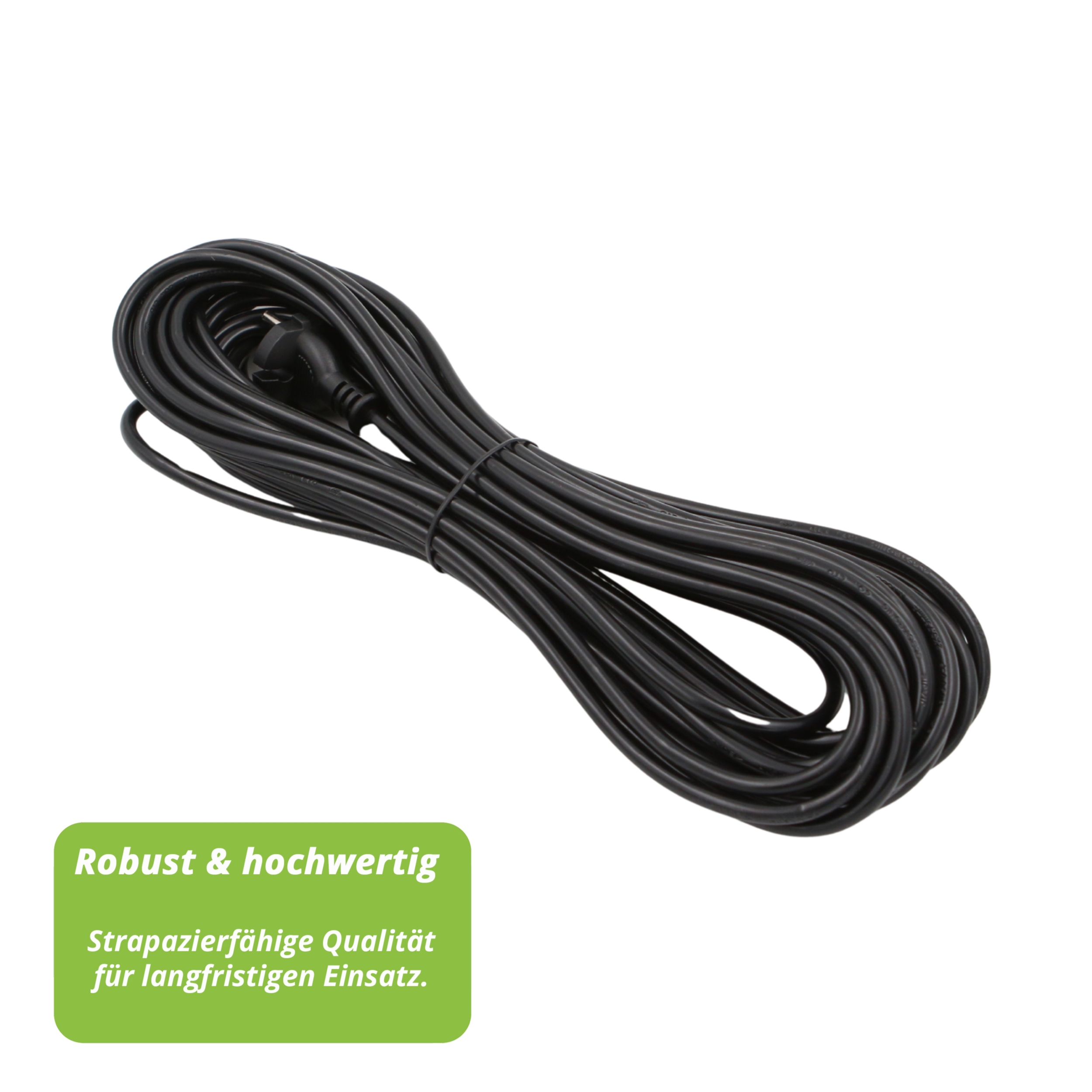 Ein gewickeltes schwarzes Elektrokabel mit Stecker auf weißem Hintergrund. Eine grüne Box mit weißem Text.