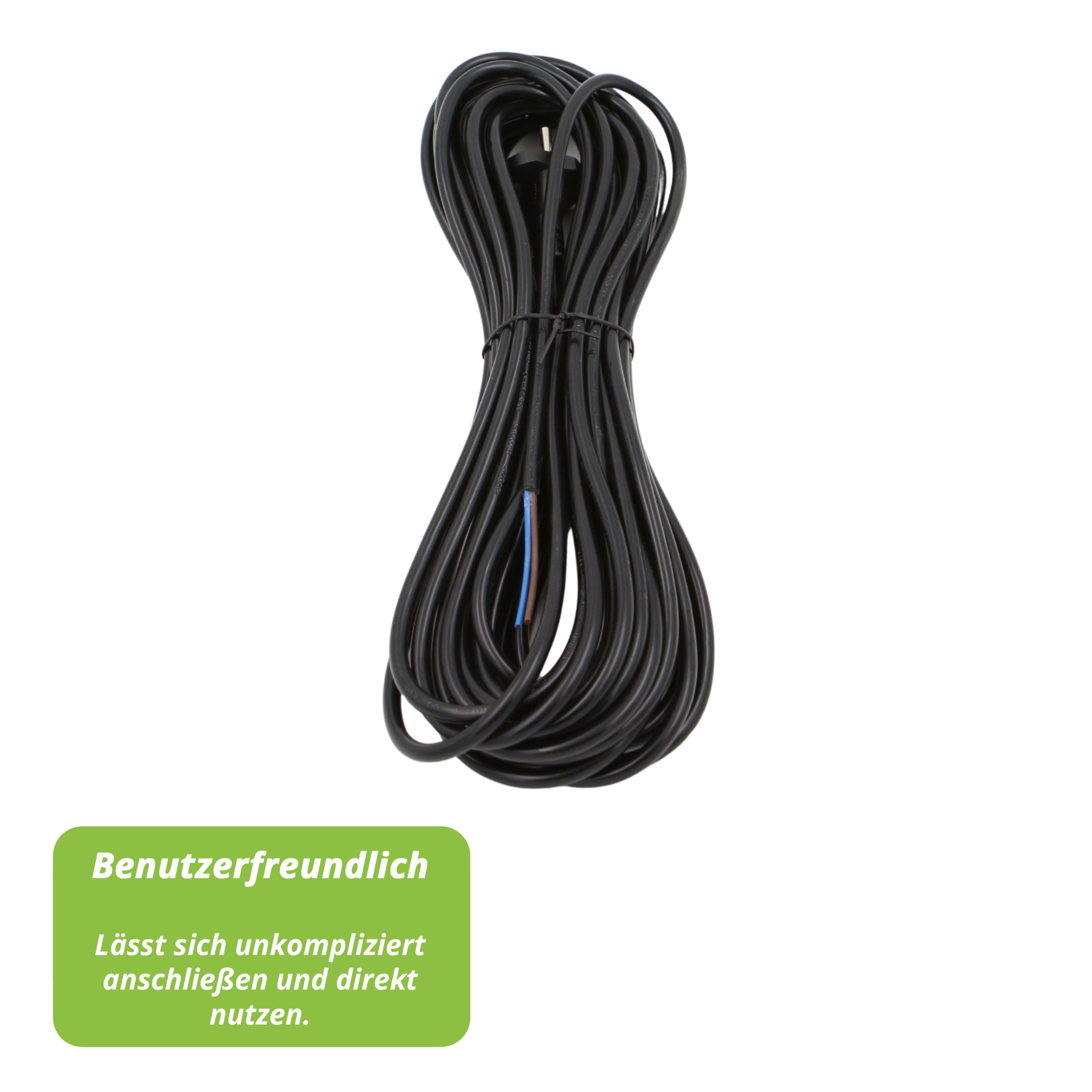 Ein aufgerolltes schwarzes Netzkabel mit Stecker. Einige Drähte sind sichtbar. Eine grüne Box hat deutschen Text.