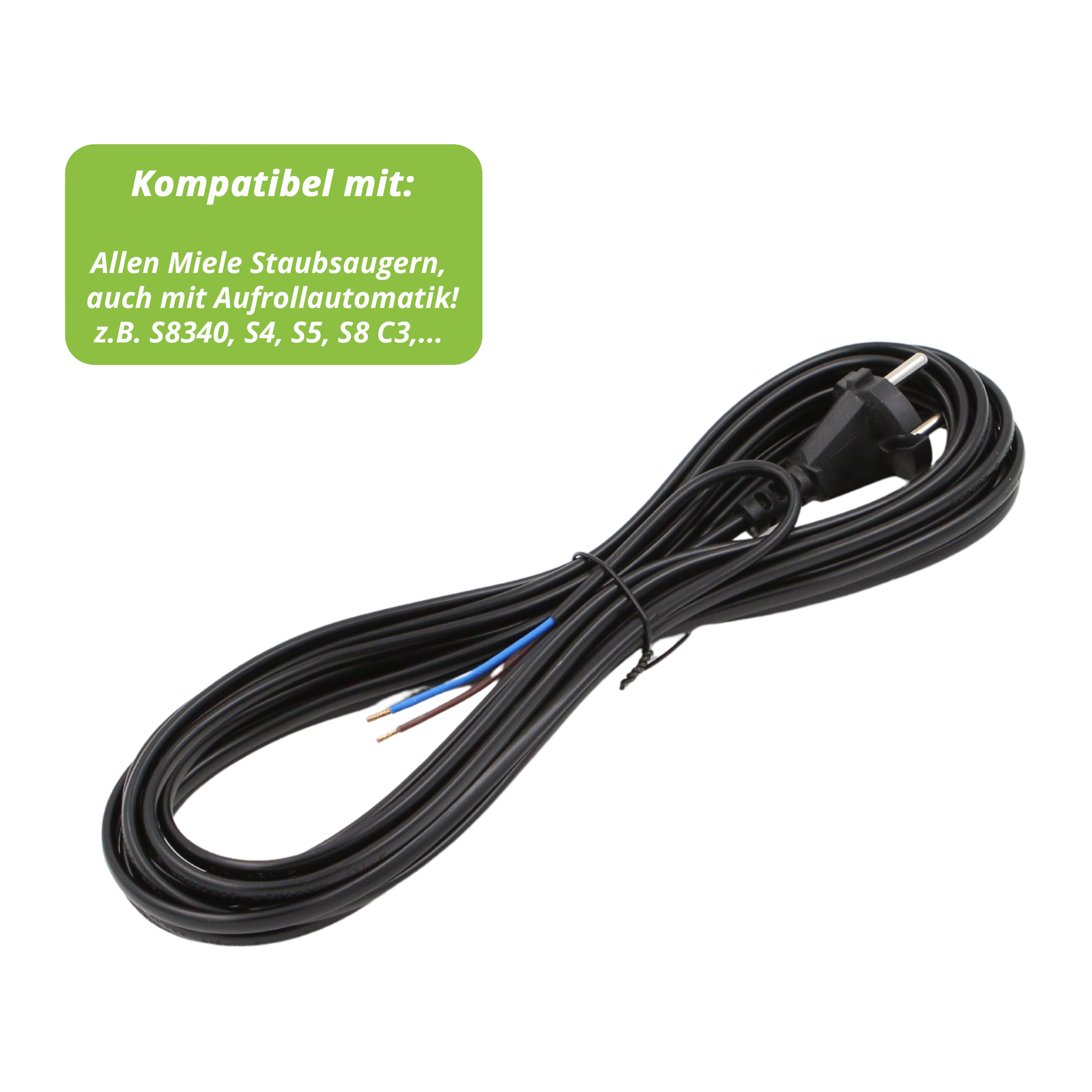 Ein schwarzes Netzkabel mit Eurostecker. Es hat blaue und braune Drähte. Ein grünes Rechteck besagt 'Kompatibel mit Miele...'