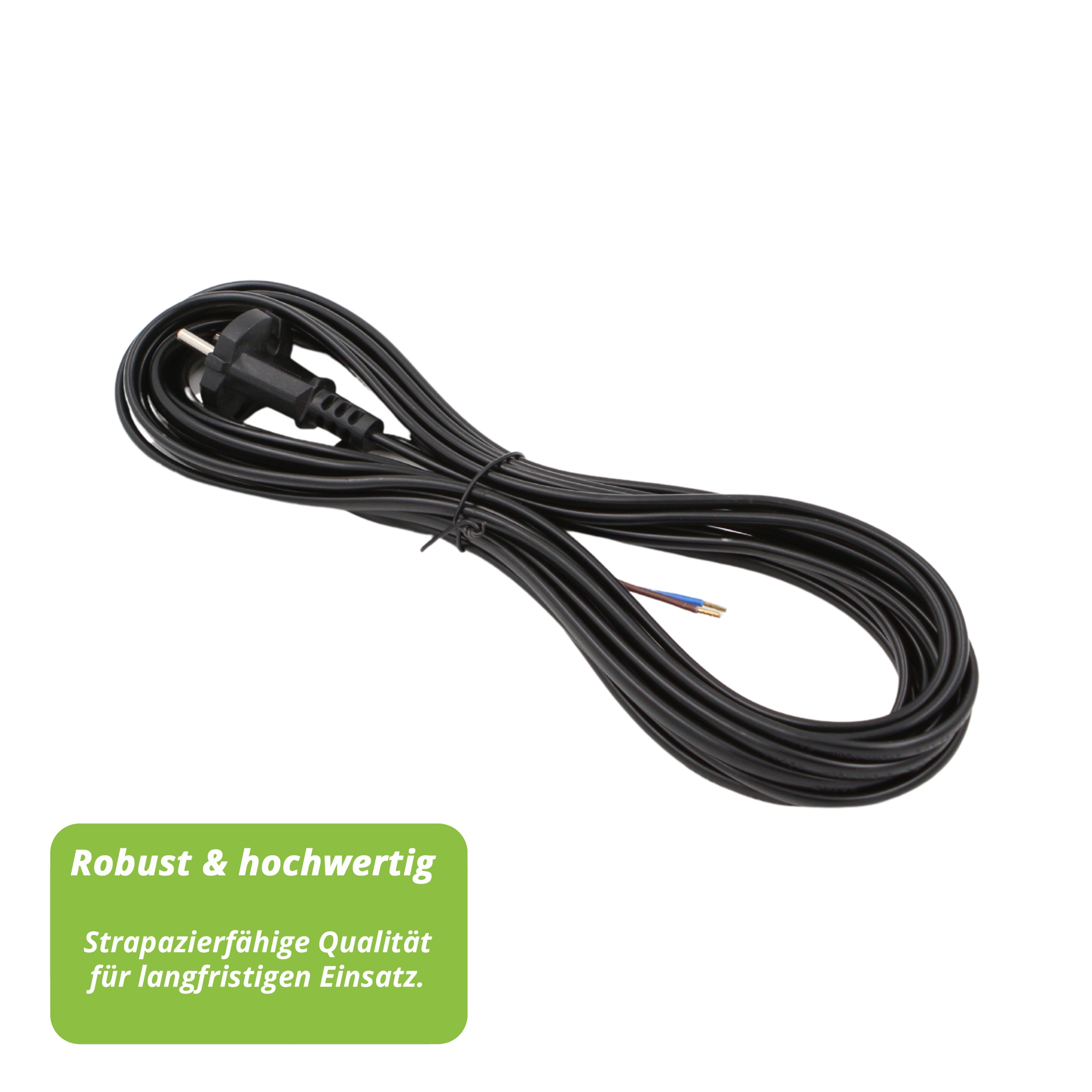 Ein schwarzes Netzkabel mit Stecker ist aufgerollt. Drähte sind am Ende sichtbar. Eine grüne Box sagt 'Robust & hochwertig'.