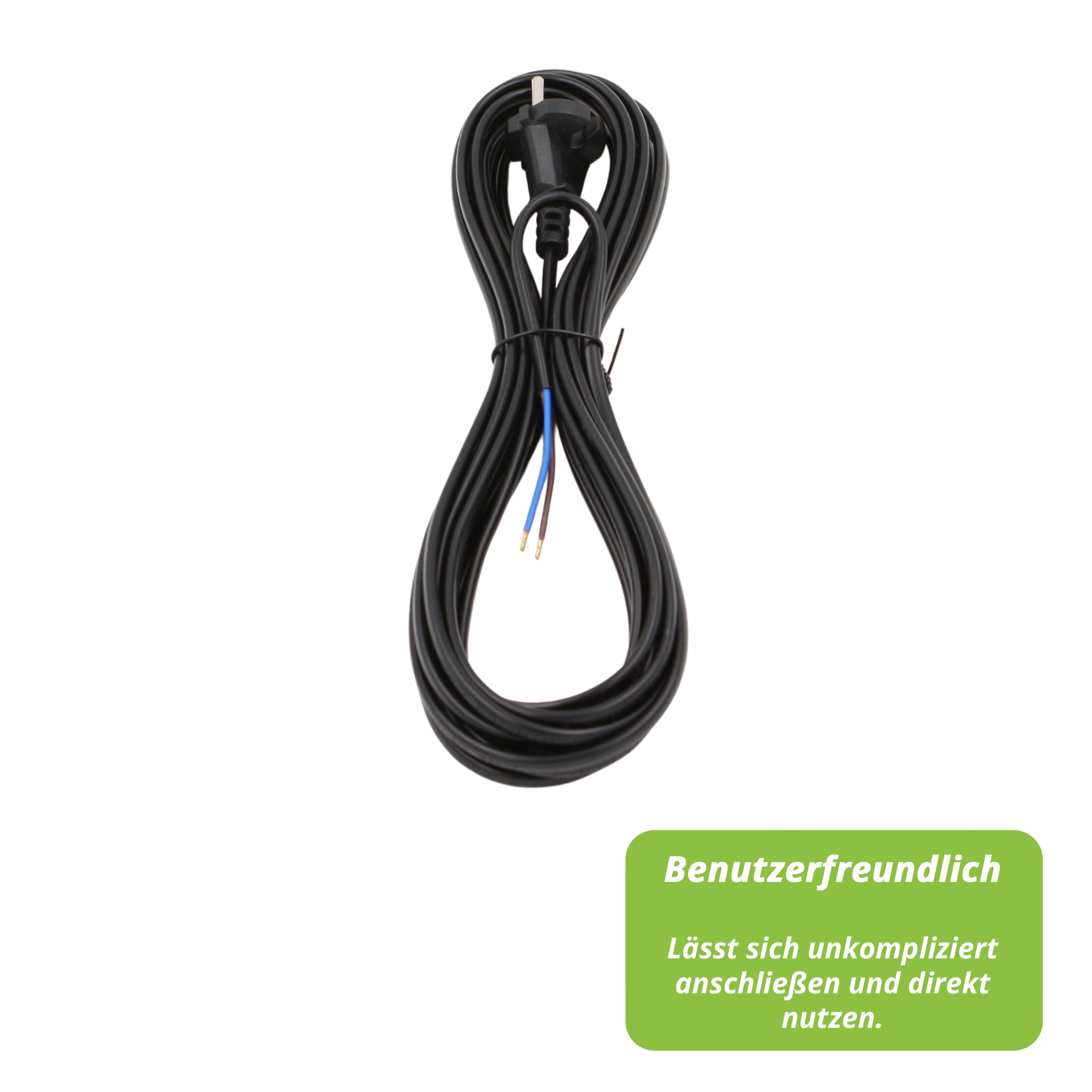 Ein schwarzes Netzkabel, auf weißem Hintergrund aufgerollt. Es hat einen Stecker und freiliegende Drähte. Text in grüner Box.