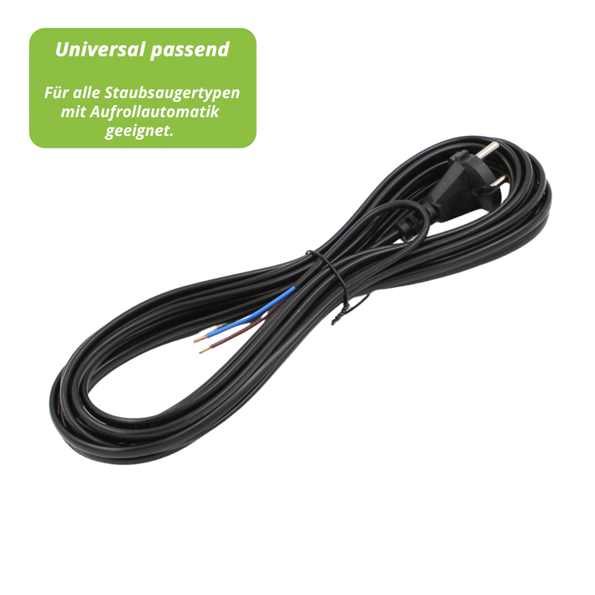 Schwarzes Staubsauger-Netzkabel mit Stecker. Grüner Textkasten: Universell passend. Für alle Staubsaugertypen geeignet.