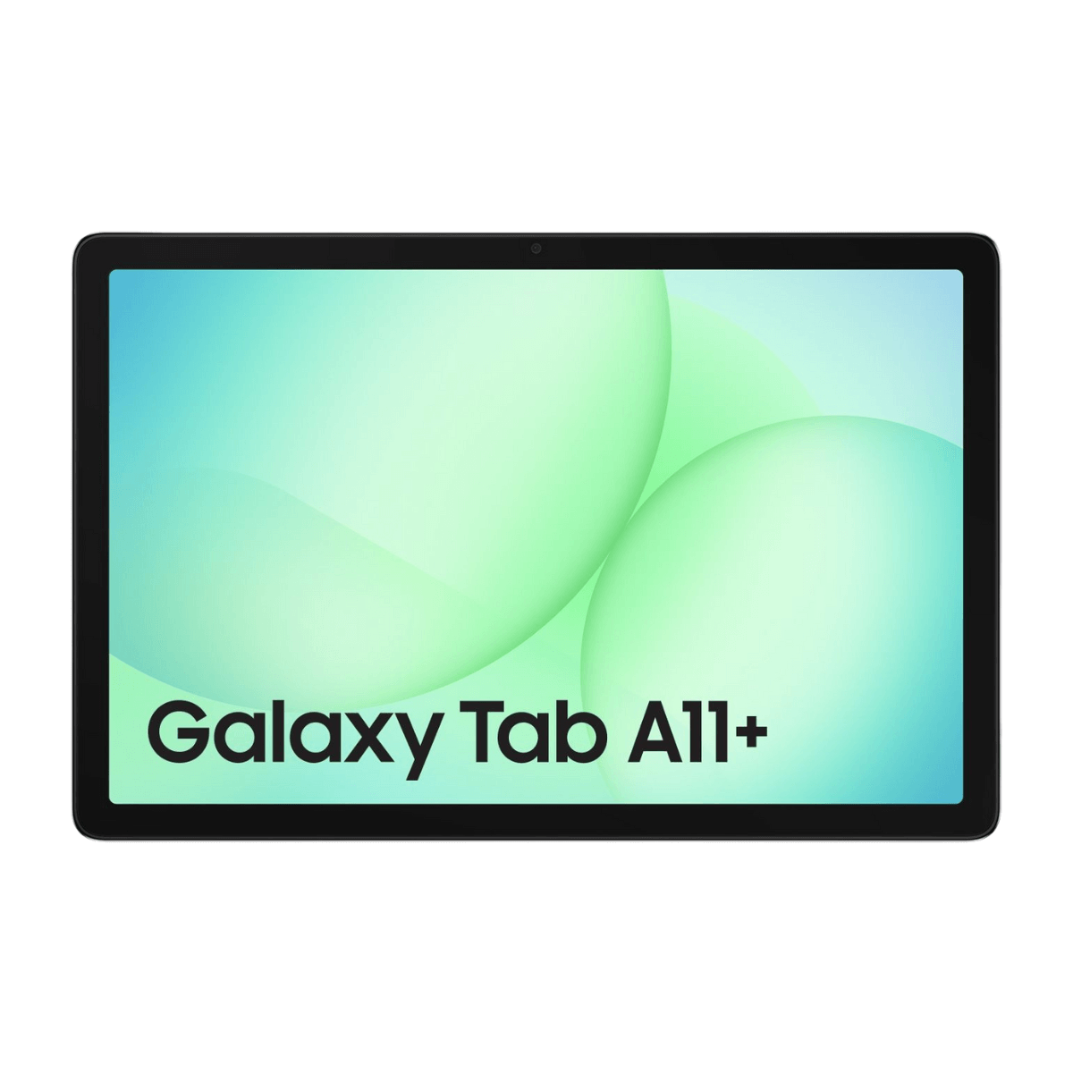 Tablet Galaxy Tab A11+. Ekran wyświetla zielone i niebieskie sfery. Tablet jest czarny, z białą nazwą marki.