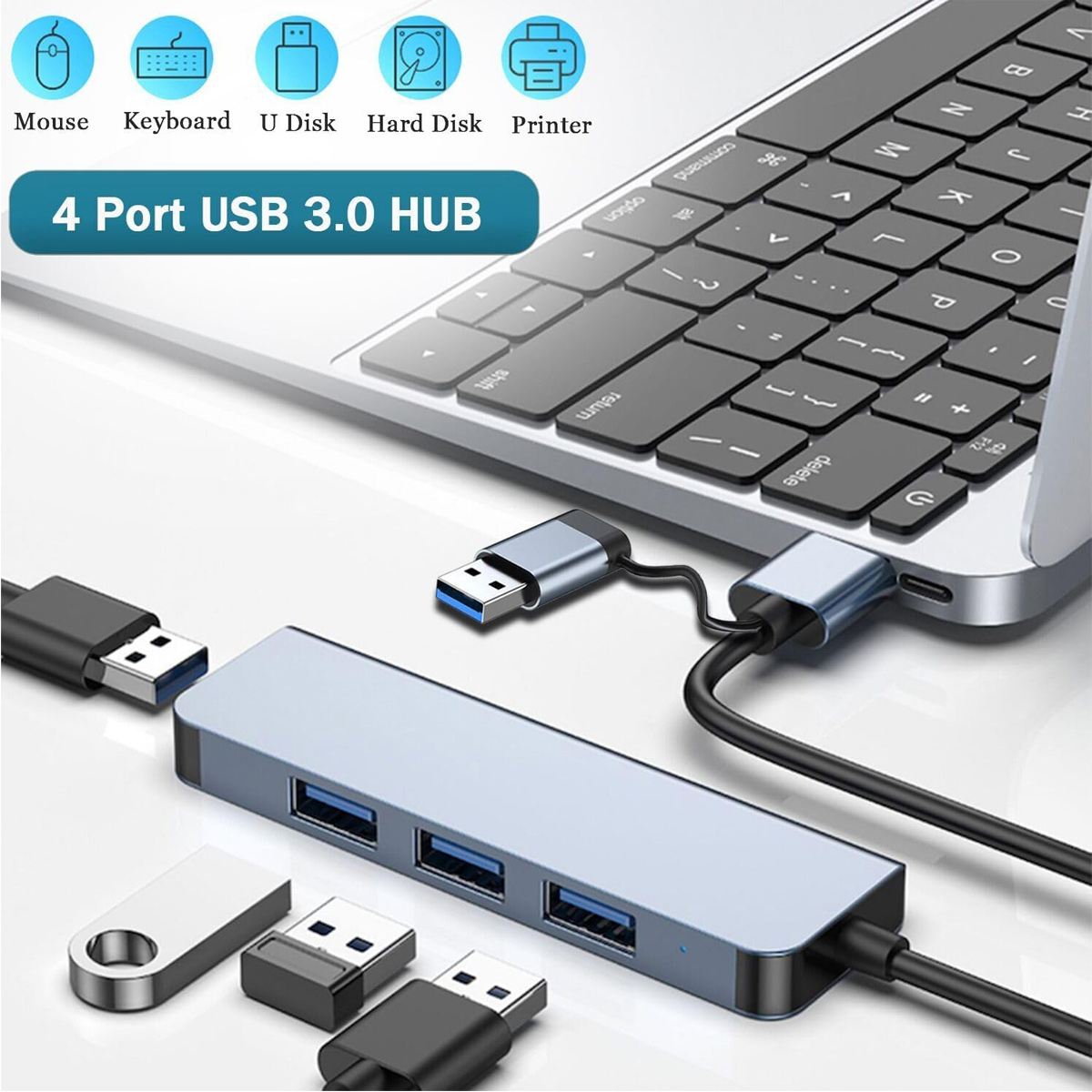 Ein 4-Port-USB-3.0-Hub ist mit einem Laptop verbunden. Mehrere USB-Laufwerke und Symbole für Maus, Tastatur und Drucker sind sichtbar.