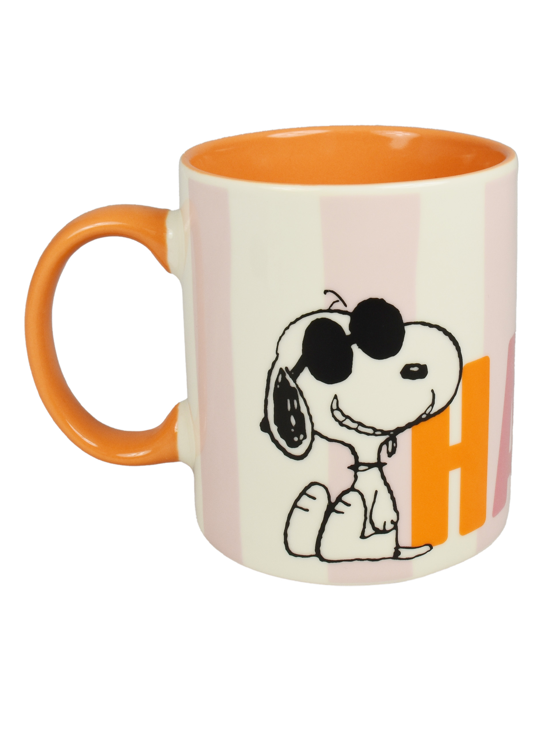 Eine Tasse mit Snoopy, der eine Sonnenbrille trägt. Es hat rosa und weiße Streifen und das Wort HA.