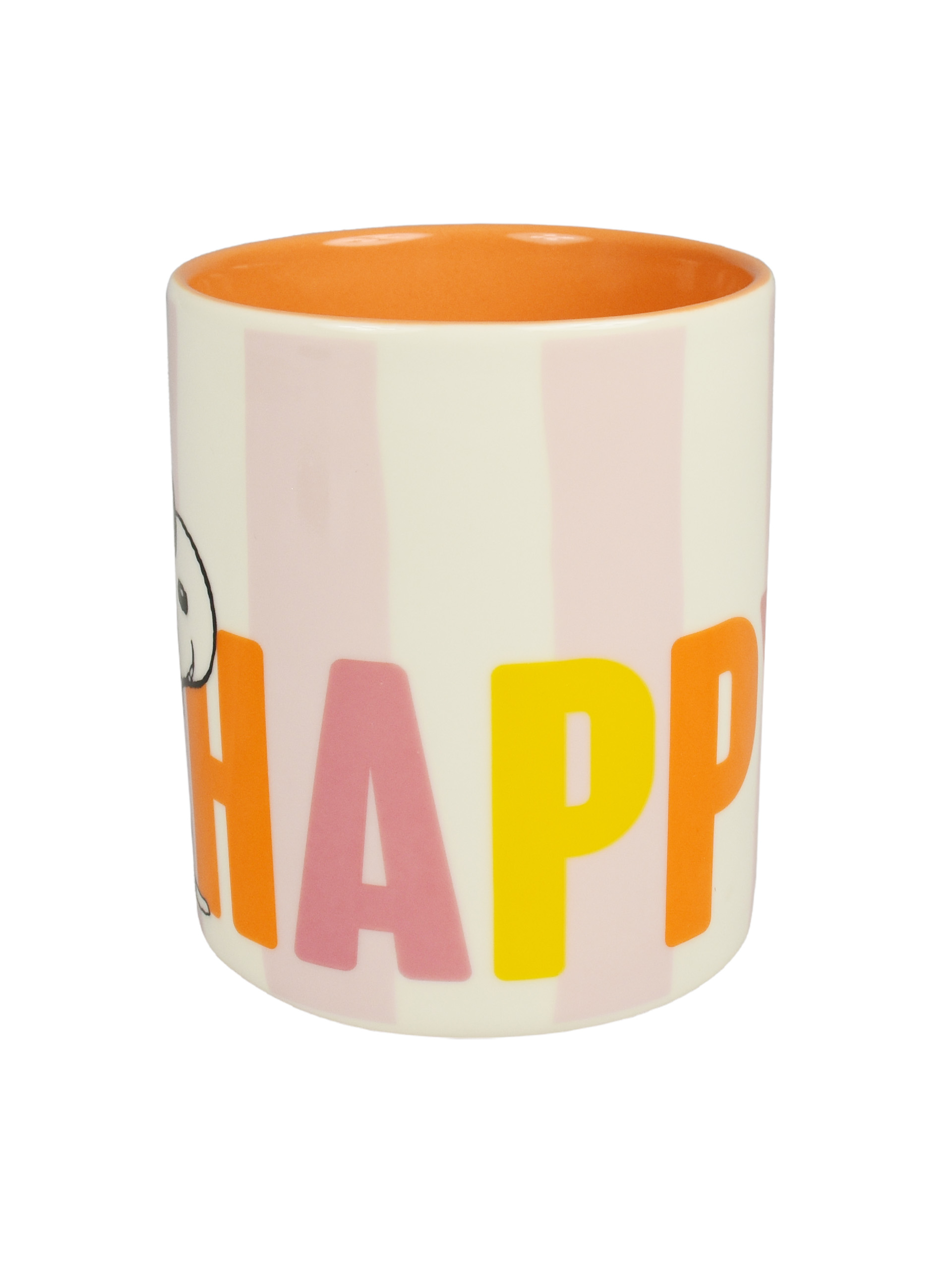 Eine weiße Tasse mit rosa, gelben und orangefarbenen Buchstaben, die HAPPY buchstabieren. Innen ist es orange. Die Tasse hat ein Snoopy-Bild.