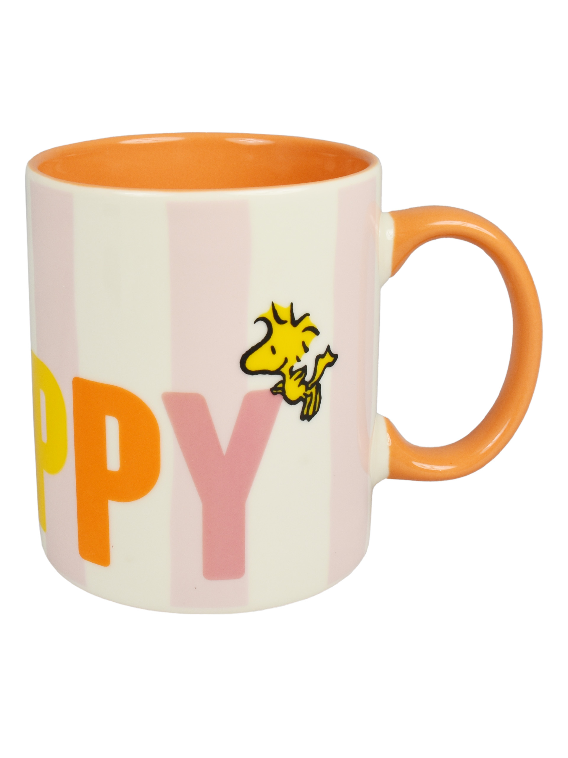 Becher mit rosa Streifen, dem Wort 'HAPPY' und einem gelben Woodstock. Oranger Griff und Innenraum.