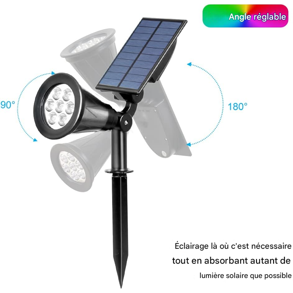 Ein Solar-Spotlight mit einstellbarem Winkel. Es hat ein Solarpanel, einen Lampenkopf mit mehreren LEDs und einen Erdspieß.