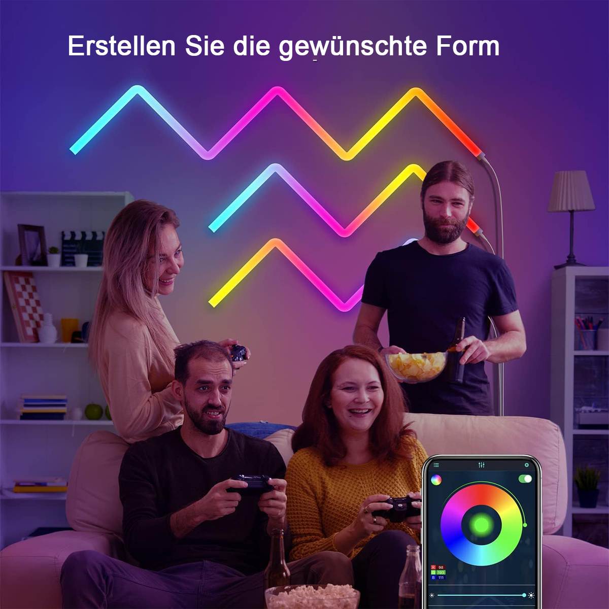 Vier Personen spielen Videospiele und halten Controller. Bunte Zickzack-Lichter an der Wand. Ein Telefon zeigt ein Farbrad.