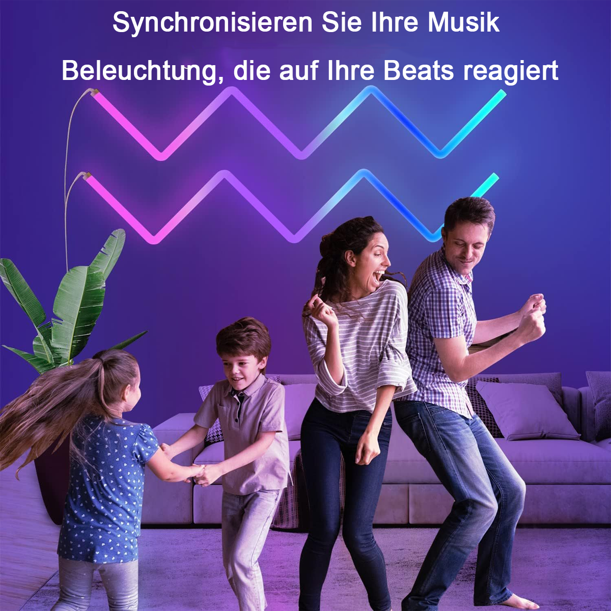 Familie tanzt in einem Raum mit einer Pflanze. Farbige Lichter über ihnen. Text sagt: 'Synchronisieren Sie Ihre Musik, Beleuchtung, die auf Ihre Beats reagiert'.