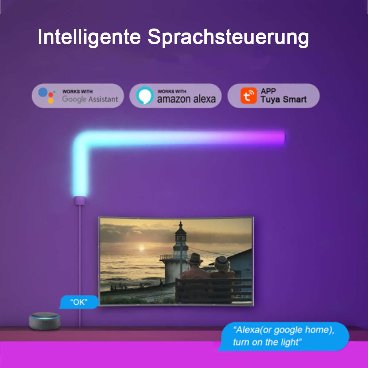 Eine lila Szene mit Smart-Home-Integrationssymbolen. Ein Fernseher zeigt eine Leuchtturmszene. Ein Lautsprecher und eine Sprechblase sind ebenfalls vorhanden.