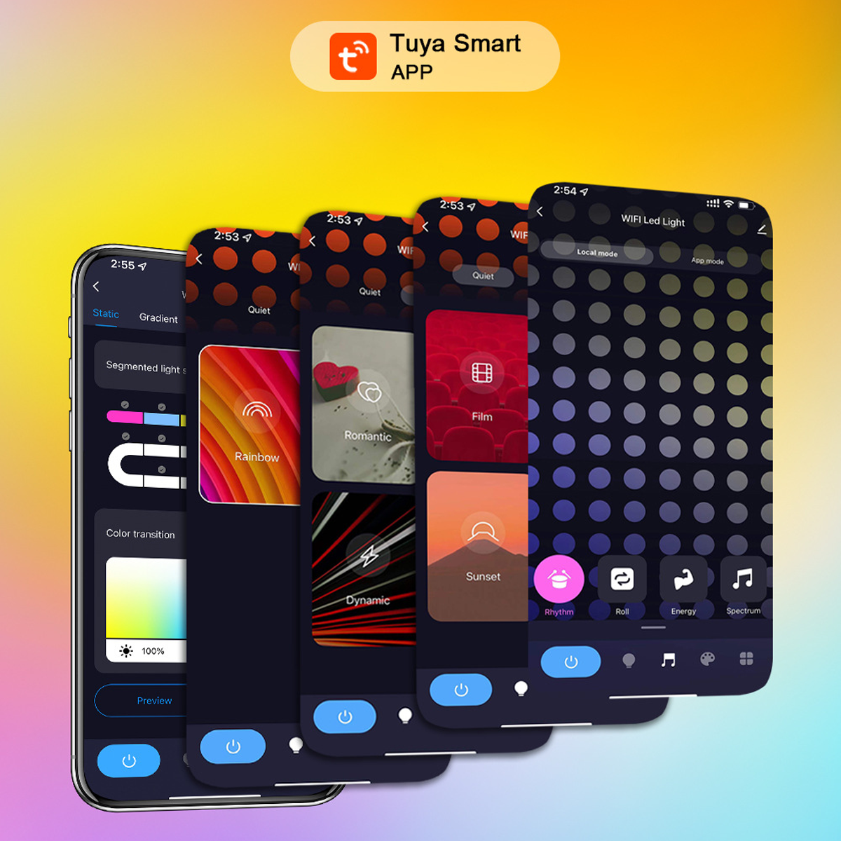 Mehrere Smartphone-Bildschirme, die eine Smart-Home-App anzeigen. Bildschirme zeigen verschiedene Beleuchtungsmodi und Steuerelemente.