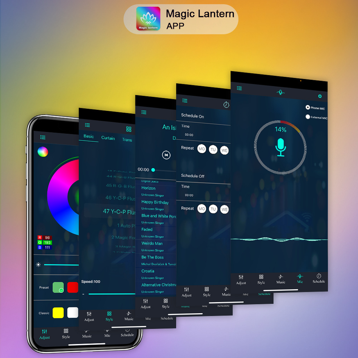 Smartphone-Bildschirm mit der Magic Lantern App. Zeigt Farbauswahl, Einstellungen und Musiksteuerung mit einem Mikrofon-Symbol.