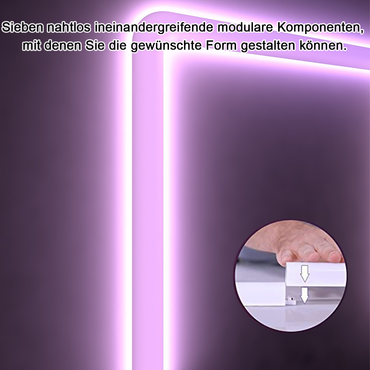 Lila Hintergrund mit weißen Linien. Eine Hand demonstriert das Verbinden von Teilen. Text oben, deutsch, beschreibt modulare Komponenten.
