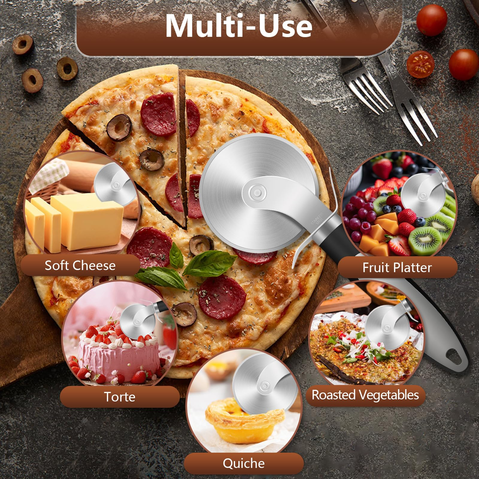 Ein Pizzaschneider auf einer Pizza mit Peperoni, außerdem Bilder von Käse, Obst, Kuchen, Gemüse und Quiche.