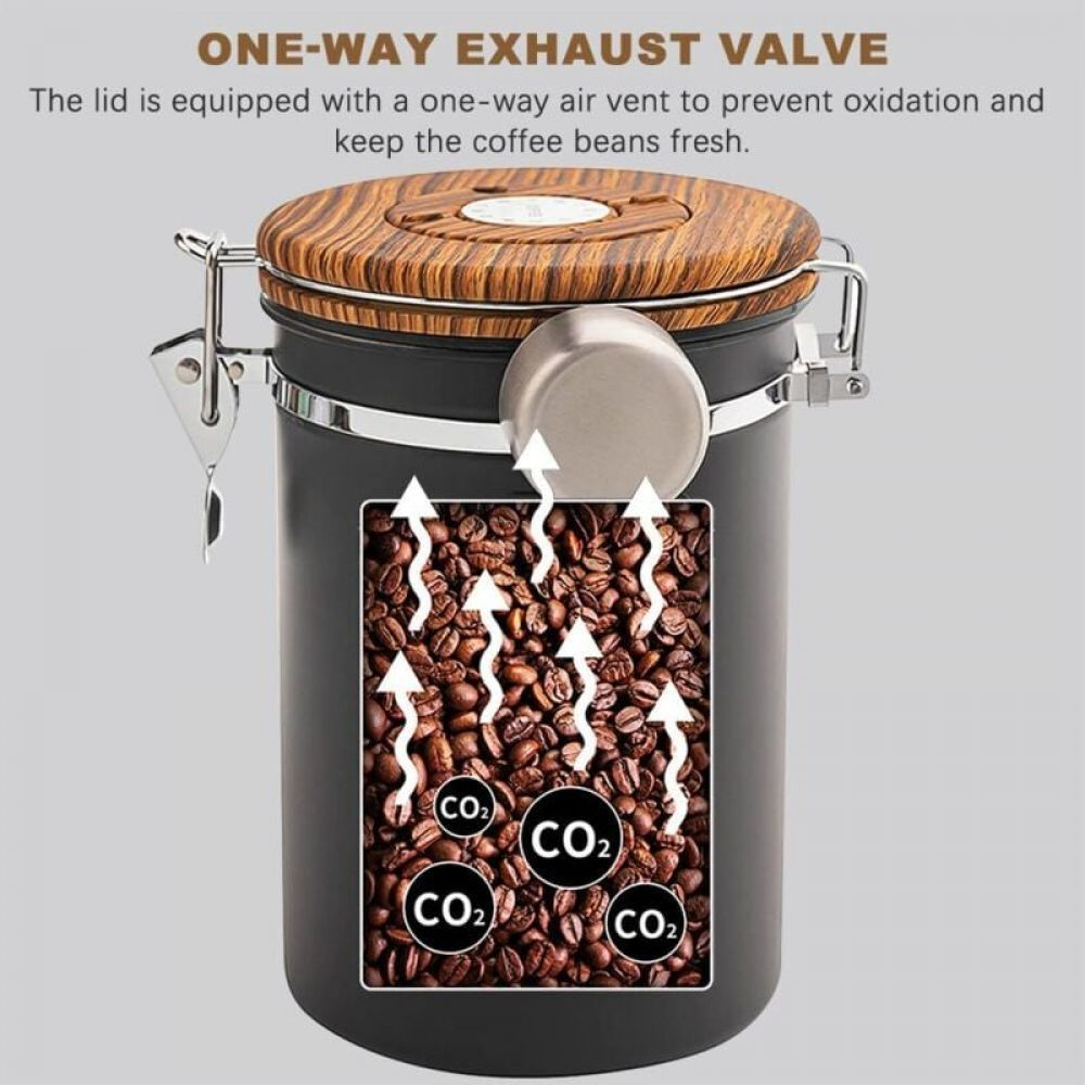 Ein Kaffeebohnenbehälter mit Holzdeckel und Einweg-Auspuffventil. Er enthält Kaffeebohnen, CO2-Symbole und Pfeile.