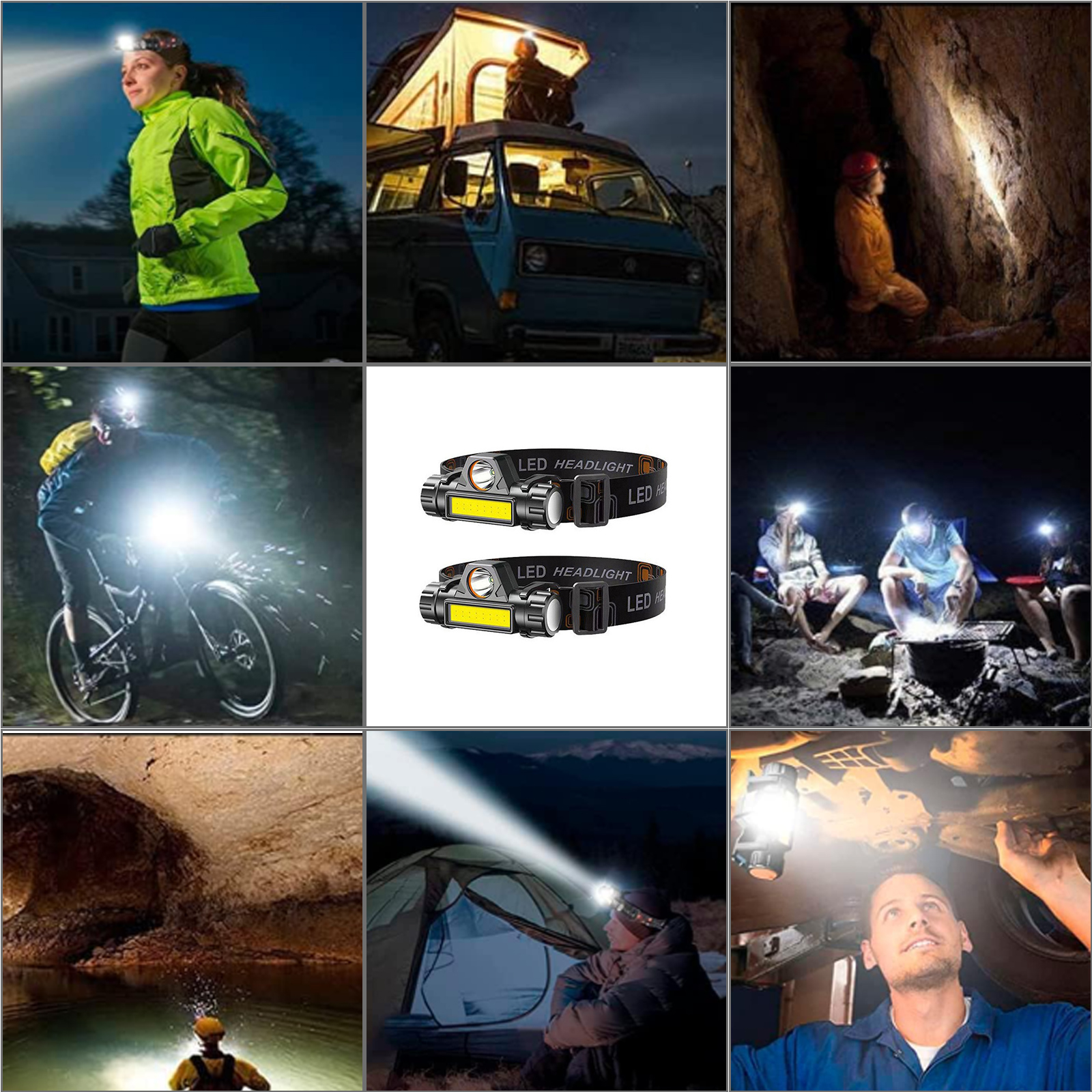 Das Bild zeigt Menschen, die in verschiedenen Umgebungen Stirnlampen verwenden: Laufen, Camping, Radfahren und Höhlen erkunden. Verschiedene Szenarien werden gezeigt.