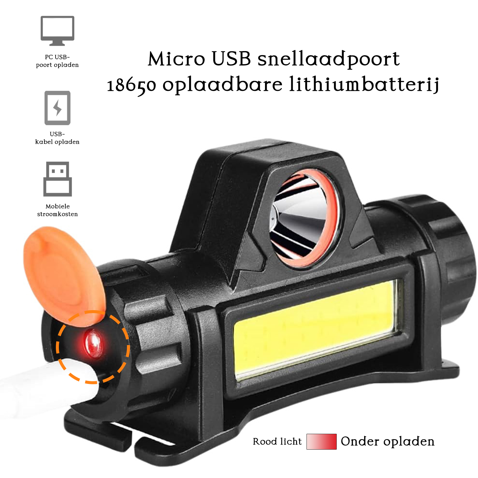 Schwarze Stirnlampe mit rotem Licht, lädt. Hat ein weißes USB-Kabel angeschlossen. Text auf Niederländisch: Micro-USB-Schnellladeanschluss.