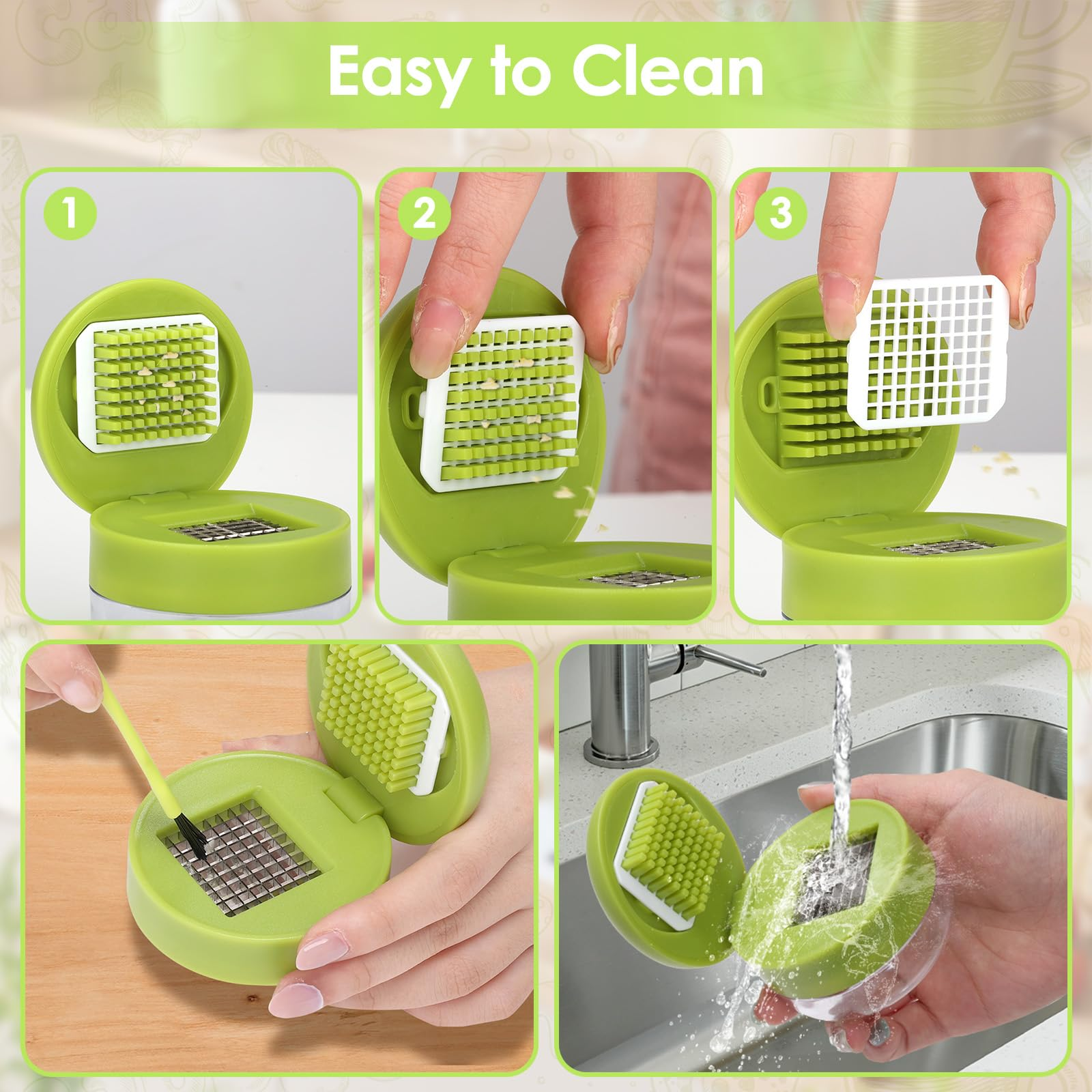 Ein grüner Knoblauchschneider, der in einem Waschbecken gereinigt wird, wobei verschiedene Schritte gezeigt werden. Der Text oben lautet: Easy to Clean.