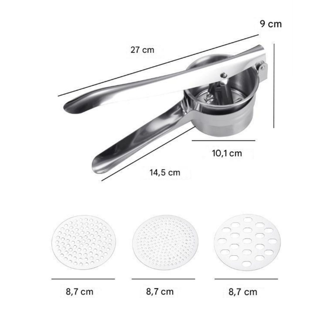 Zitruspresse aus Edelstahl mit drei austauschbaren Lochplatten. Maße in cm sind auf dem Bild angegeben.